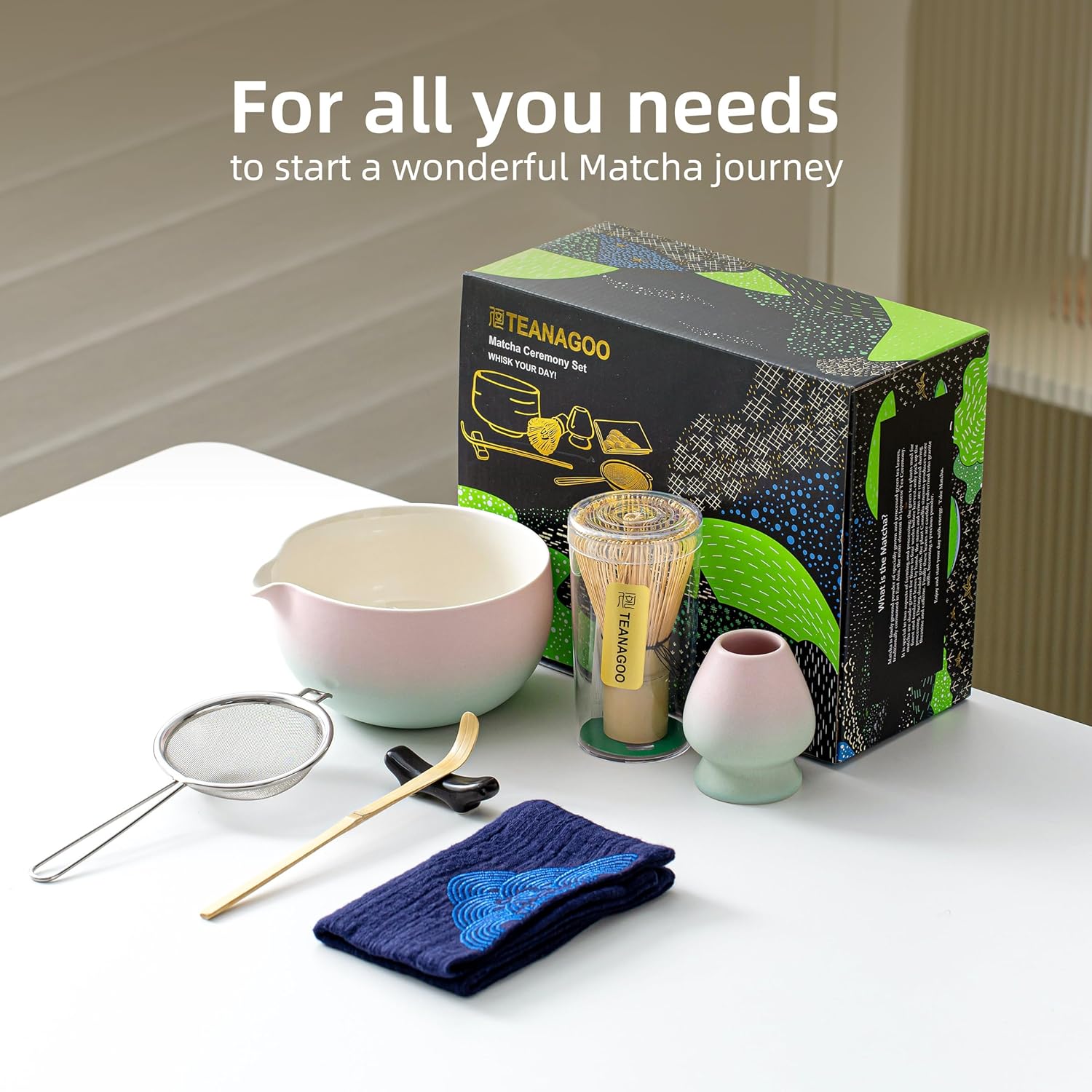 TEANAGOO Fouet à matcha, Kit matcha rose, Kit matcha dégradé rose, Ensemble fouet à matcha pour préparer le petit-déjeuner et des boissons lactées