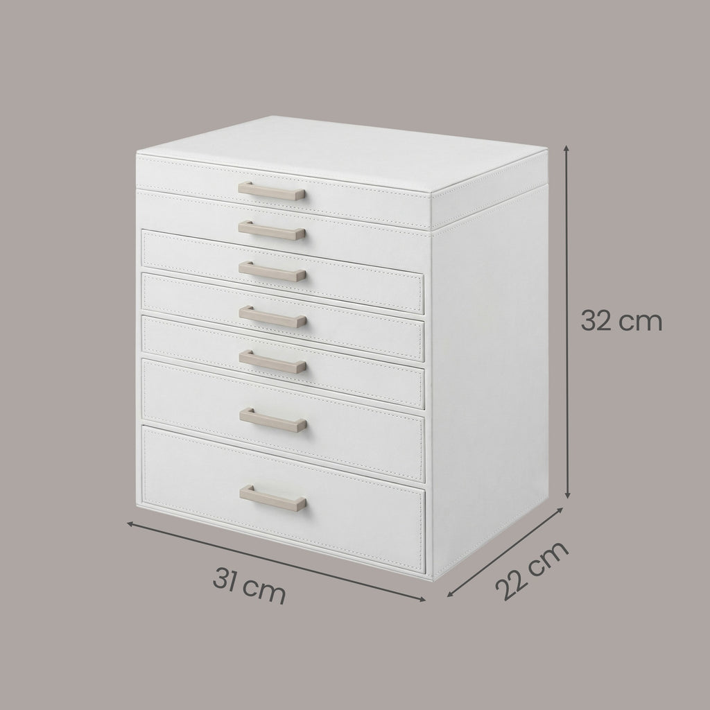 JOYFURNOS Boîte à Bijoux 6 Niveaux, Écrin à Accessoires, avec Grand Miroir, 5 Tiroirs, Rangement pour Bijoux, Moderne, Blanc