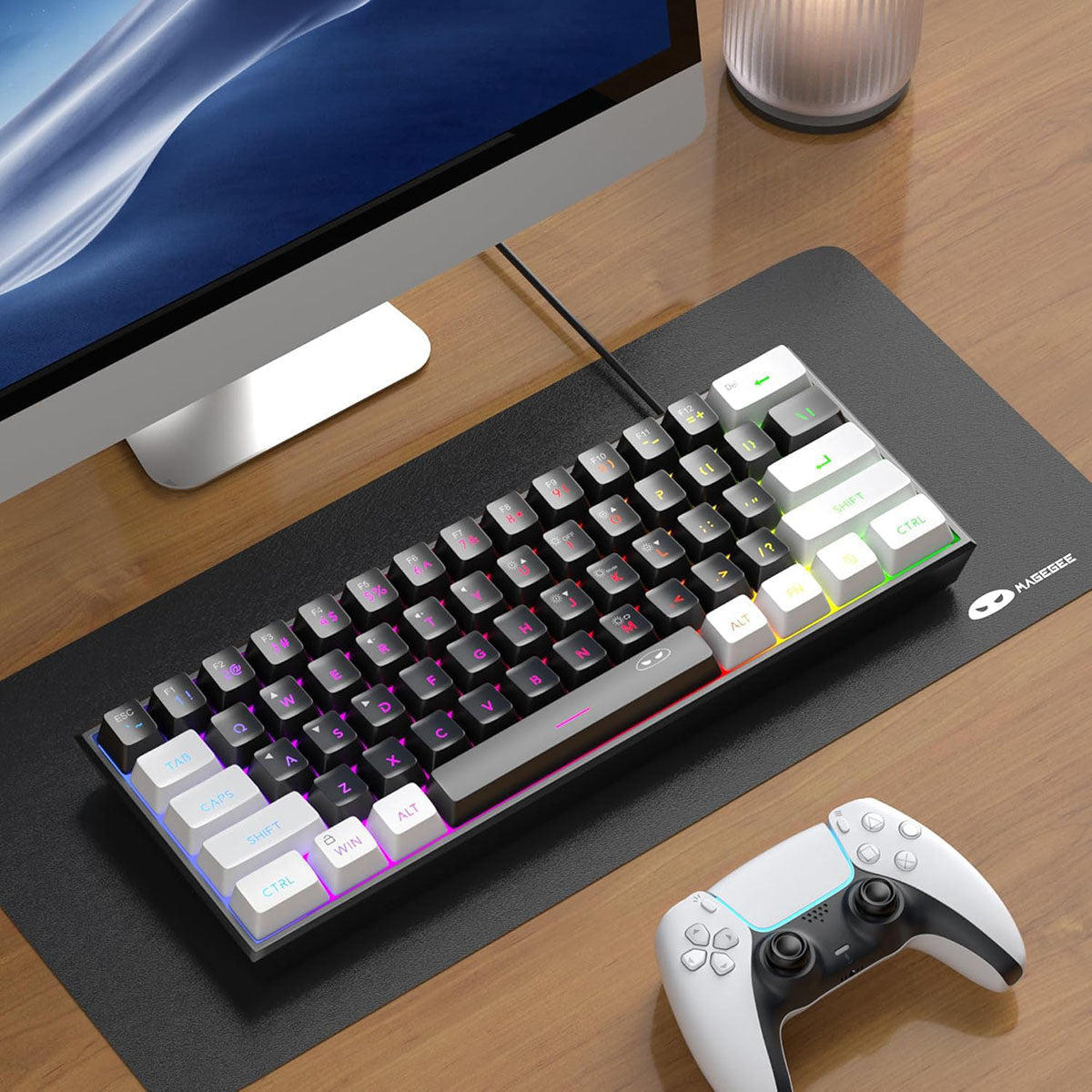 MageGee TS91 clavier de jeu filaire 60 %, disposition QWERTY US, rétroéclairage RGB, 61 touches, ultra-compact, TS91 ergonomique, étanche, à effet mécanique, pour PC, Mac, PS4, Xbox One, gamer (Blanc/Noir)