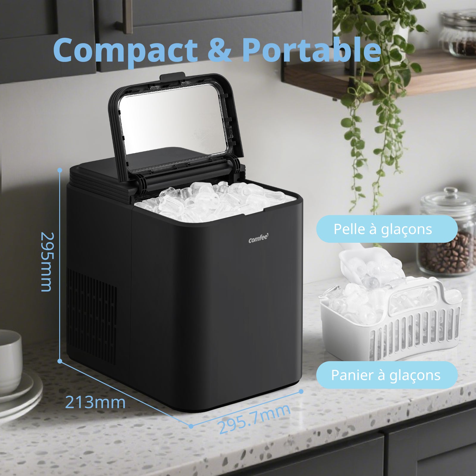 Comfee' RCI12BL1EU(E) Machine à glaçons, 8 glaçons en 6 min, 12 kg/24 h, réservoir d'eau 1,3 L, fonction autonettoyante, machine compacte à glaçons cylindriques