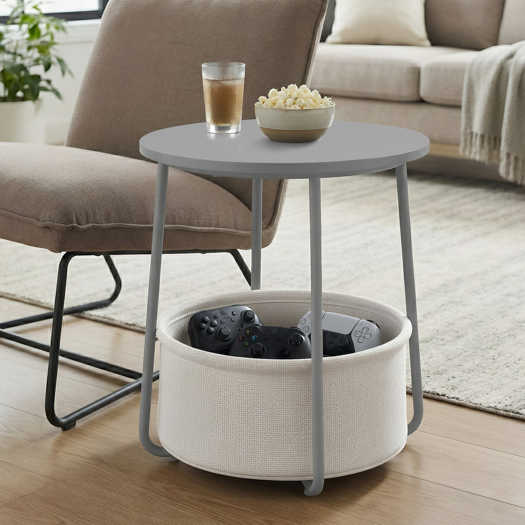 JOYFURNOS Table d'appoint, Bout de canapé rond avec panier en tissu, Pour salon et chambre, Table de chevet, Style moderne, Gris