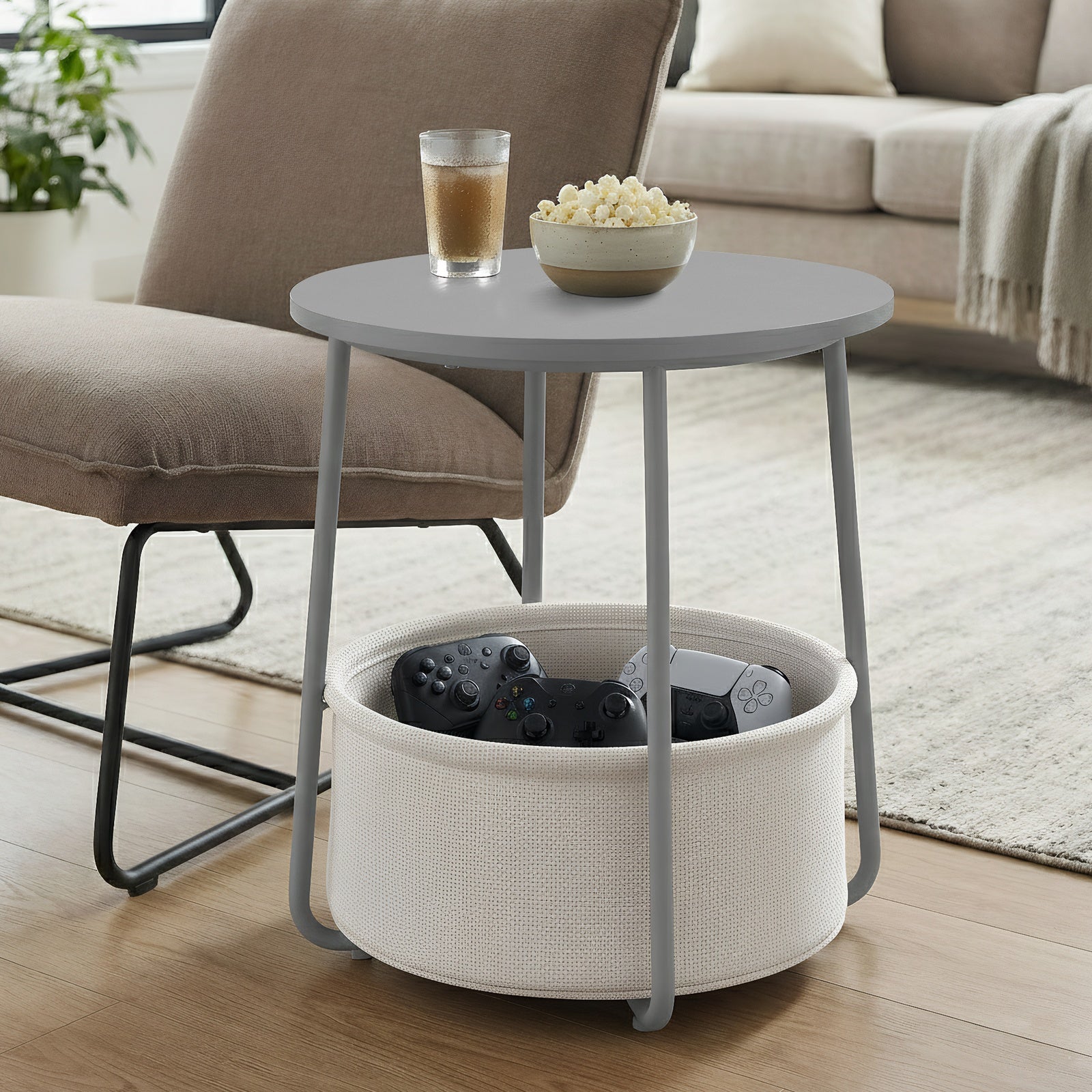 JOYFURNOS Table d'appoint, Bout de canapé rond avec panier en tissu, Pour salon et chambre, Table de chevet, Style moderne, Gris