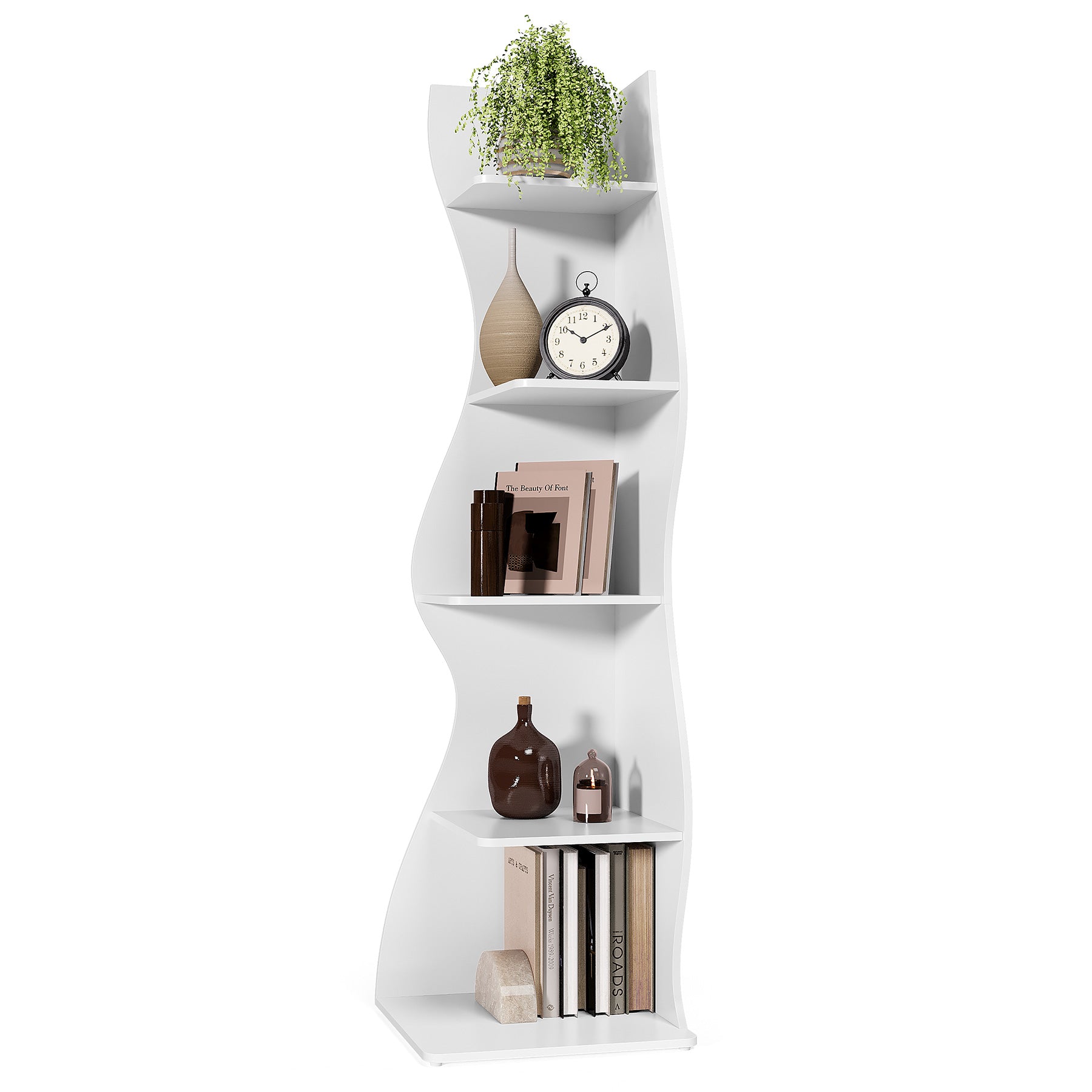 Tribesigns Étagère d'angle, Bibliothèque d'angle murale moderne à 5 niveaux, Petite bibliothèque d'angle élégante, Étagère de rangement porte-plantes de forme unique pour salon et bureau à domicile (Blanc, 1 pièce)