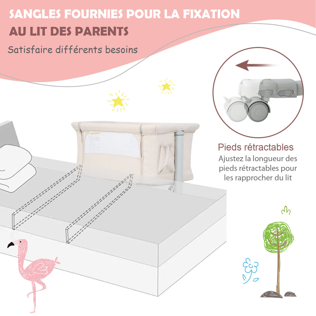 Berceau de chevet portable pour bébé avec 5 hauteurs réglables et sac de voyage - Beige