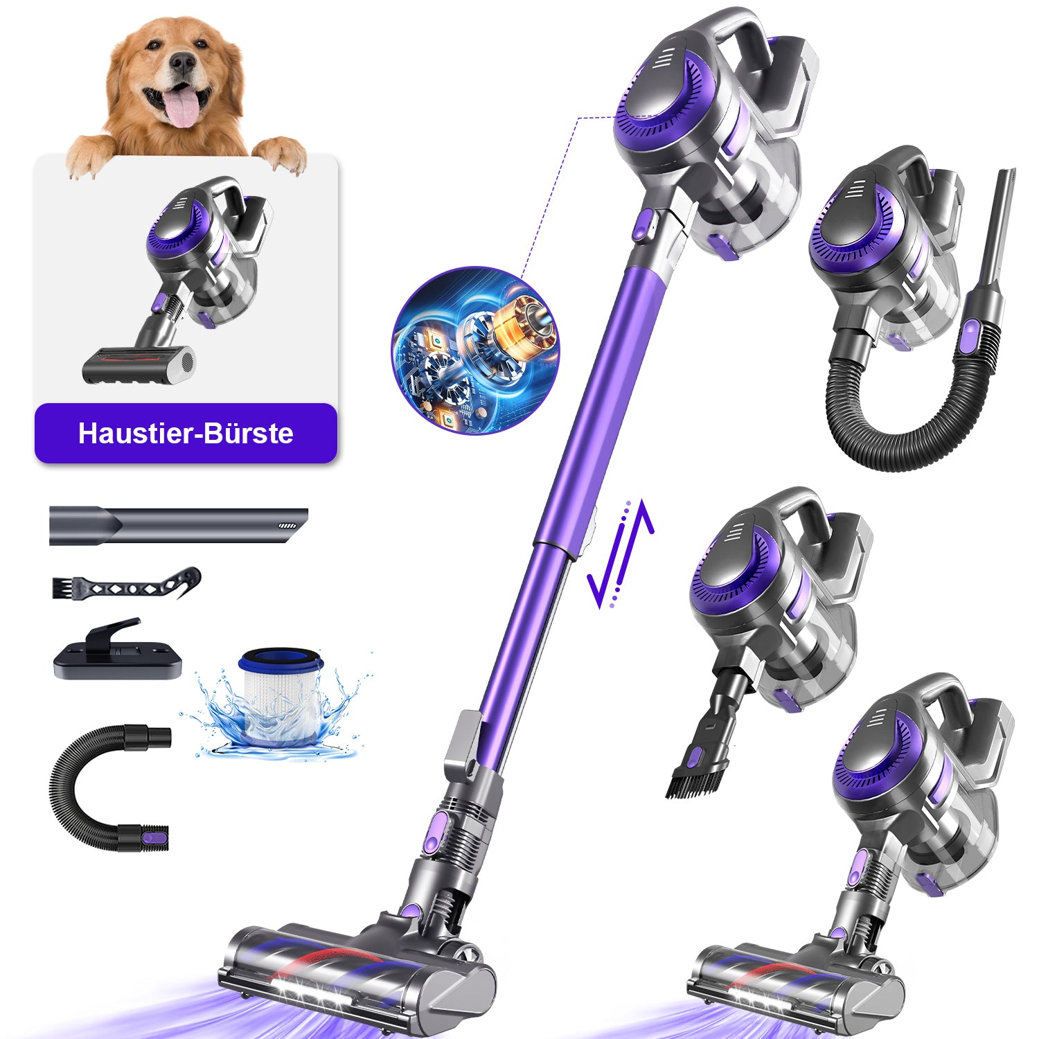 Aspirateur sans fil Daynee, aspirateur sans fil 55 kPa, aspirateur sans fil avec tuyau et brosse pour animaux, HEPA*4 pour poils d'animaux, tapis et sols durs
