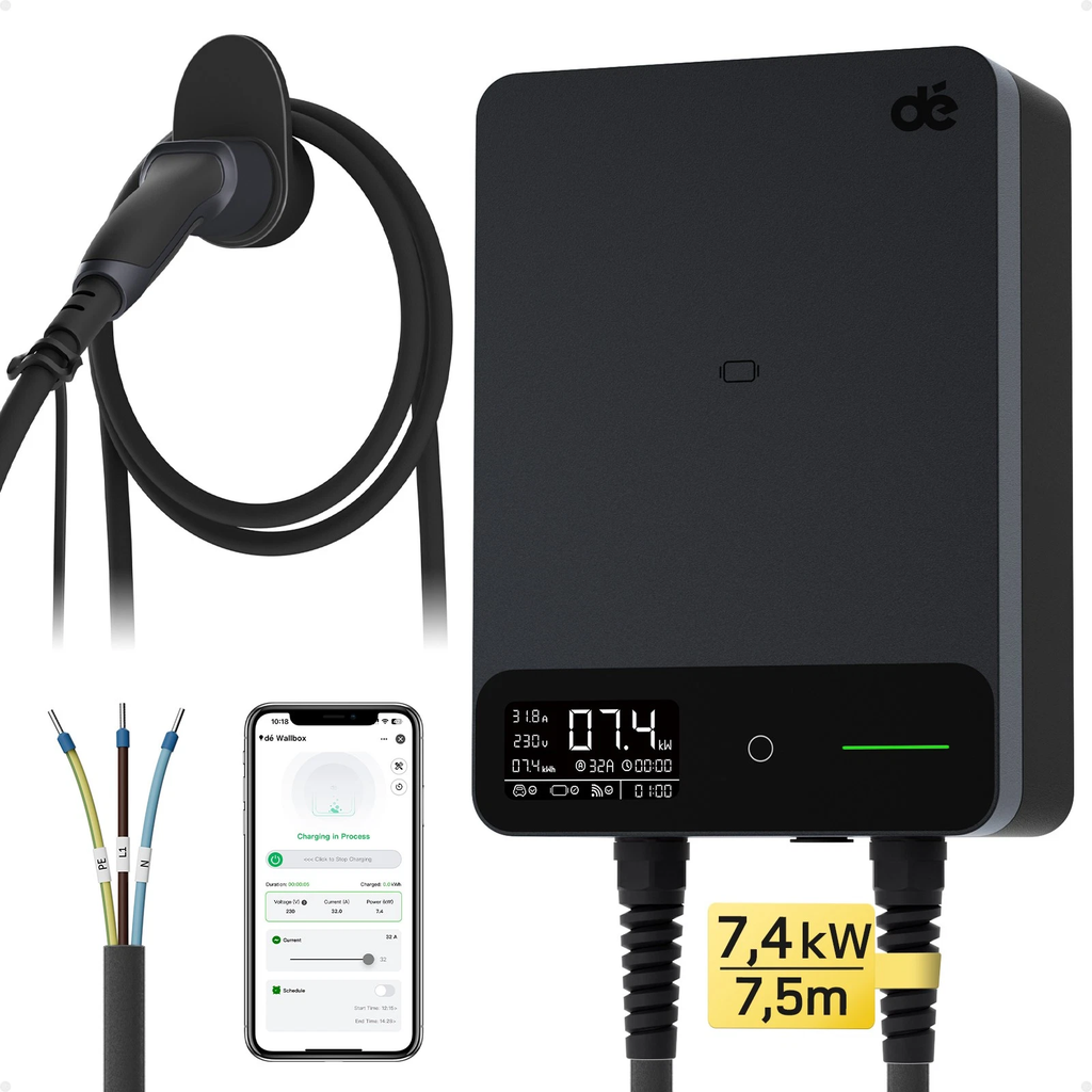 dé Borne de Recharge Véhicule Électrique 7,4 kW avec application et câble Type 2 de 7,5 m, Wallbox 7 kW Type 2 monophasé, IP54, RFID, 6-32 A (230 V), Démarrage différé 0,5-8 h