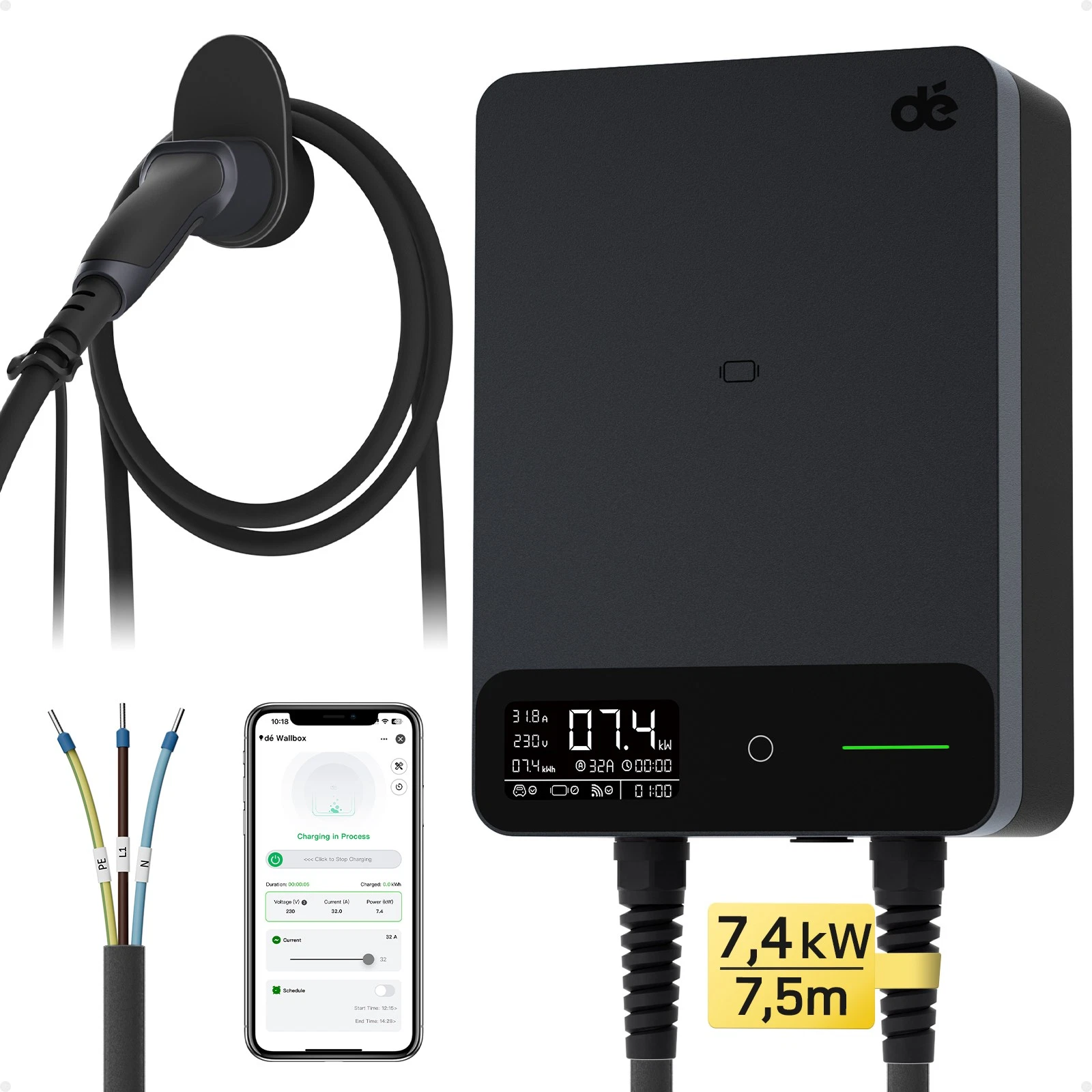 dé Borne de Recharge Véhicule Électrique 7,4 kW avec application et câble Type 2 de 7,5 m, Wallbox 7 kW Type 2 monophasé, IP54, RFID, 6-32 A (230 V), Démarrage différé 0,5-8 h