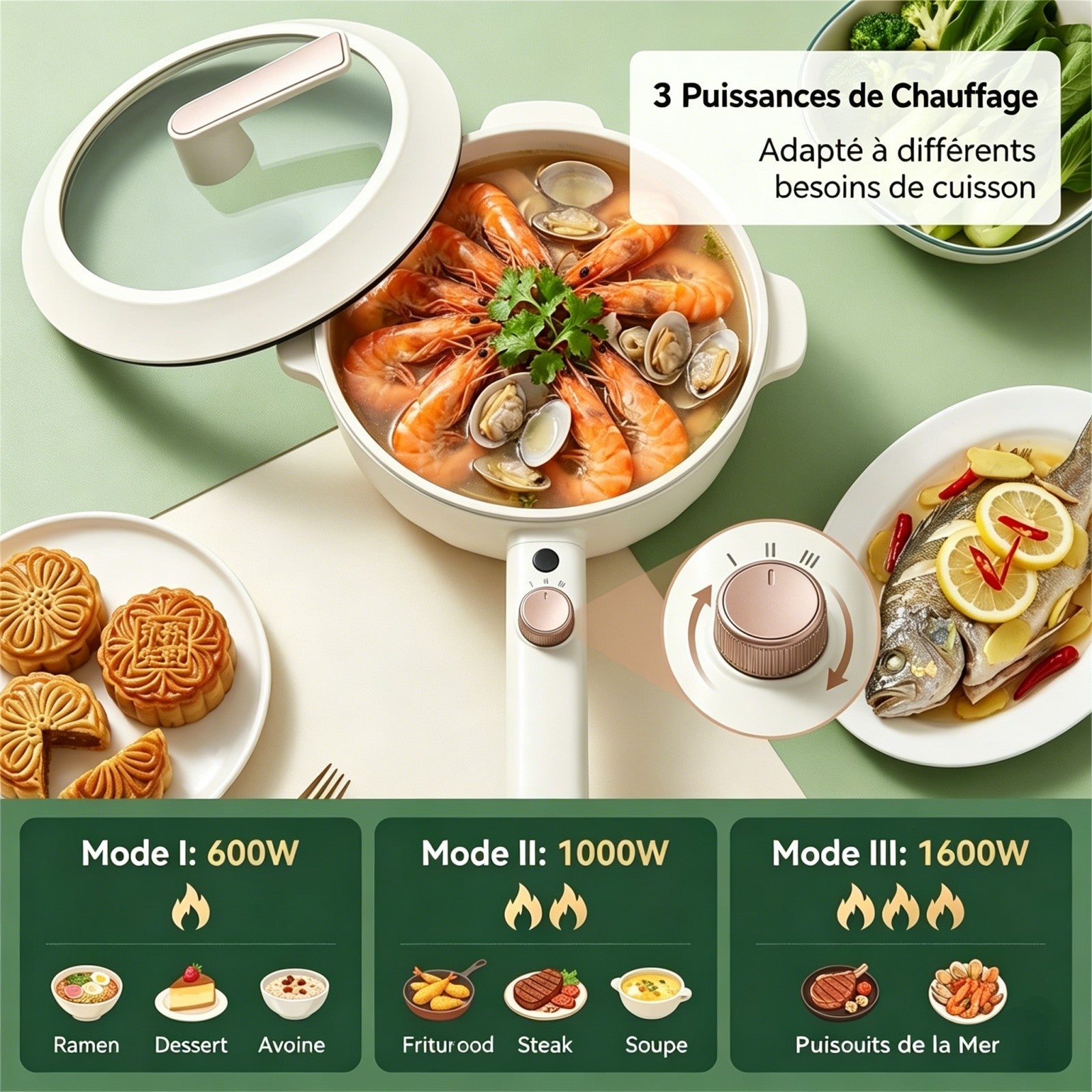 IAGREEA Cuiseur à ramen rapide amélioré, marmite électrique multifonction 2,3 L 1600 W, sauteuse antiadhésive avec réglage de puissance pour steak, œuf, riz frit, flocons d’avoine