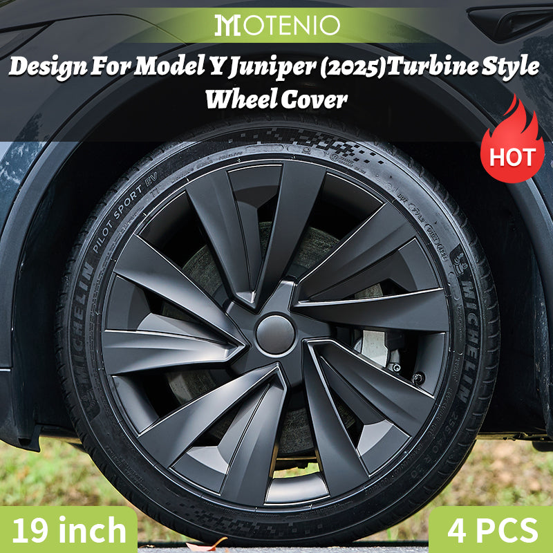 MOTENIO 4 pièces Enjoliveurs de roue haut de gamme pour Tesla Model Y Juniper (2025-2026) 19 po Enjoliveurs durables Noir mat Style turbine Couverture complète Caches-moyeux de roue