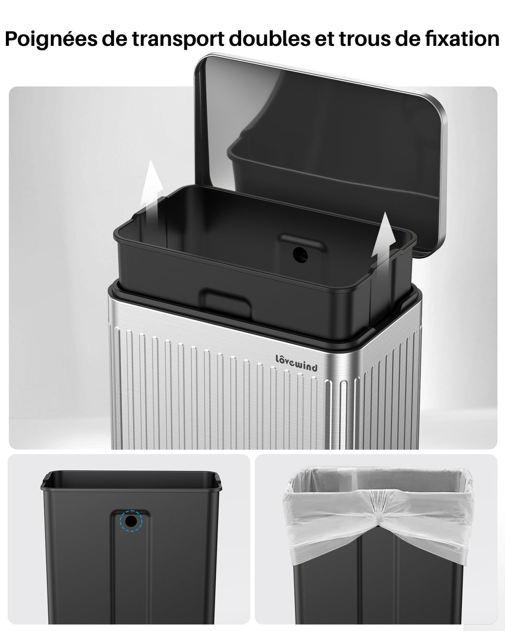 Poubelle en acier inoxydable 60 litres / 16 gallons avec couvercle à fermeture douce, grande poubelle à pédale avec texture romaine, seaux intérieurs amovibles