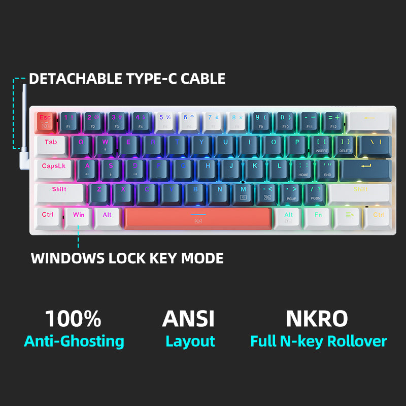 MACHENIKE K500-B61 Clavier mécanique filaire 60 % avec switchs rouges et éclairage RGB - Disposition QWERTY US