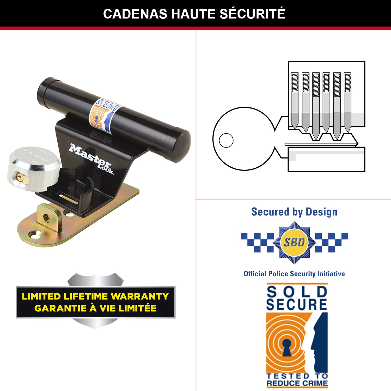 Master Lock Serrure de porte de garage certifiée, Sold Secure et Secured by Design, avec clé, pour usage extérieur, 130 x 270 x 225 mm