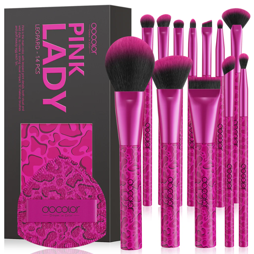 Docolor Coffret Cadeau 12 Pièces Pinceaux de Maquillage Imprimé Léopard Fuchsia