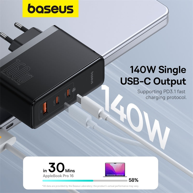 Baseus GaN5 Pro Chargeur rapide numérique 2C+U 160 W EU Noir Avec câble de charge rapide Superior Series Type-C vers Type-C 240 W 48V/5A