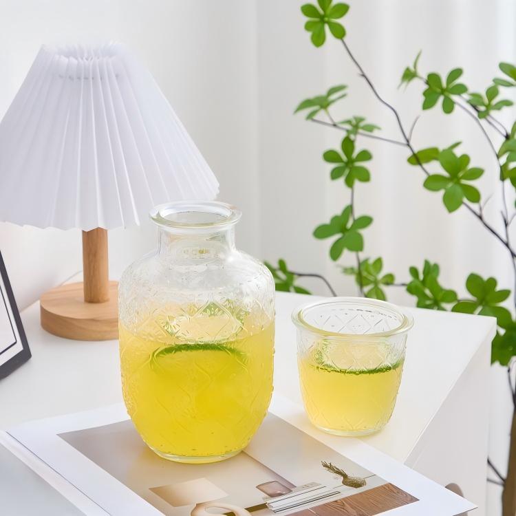 Begonia Lot de 2 pichets en verre, 1 000 ml, avec 2 gobelets de 270 ml, motif floral, distributeur de boissons pour l’été