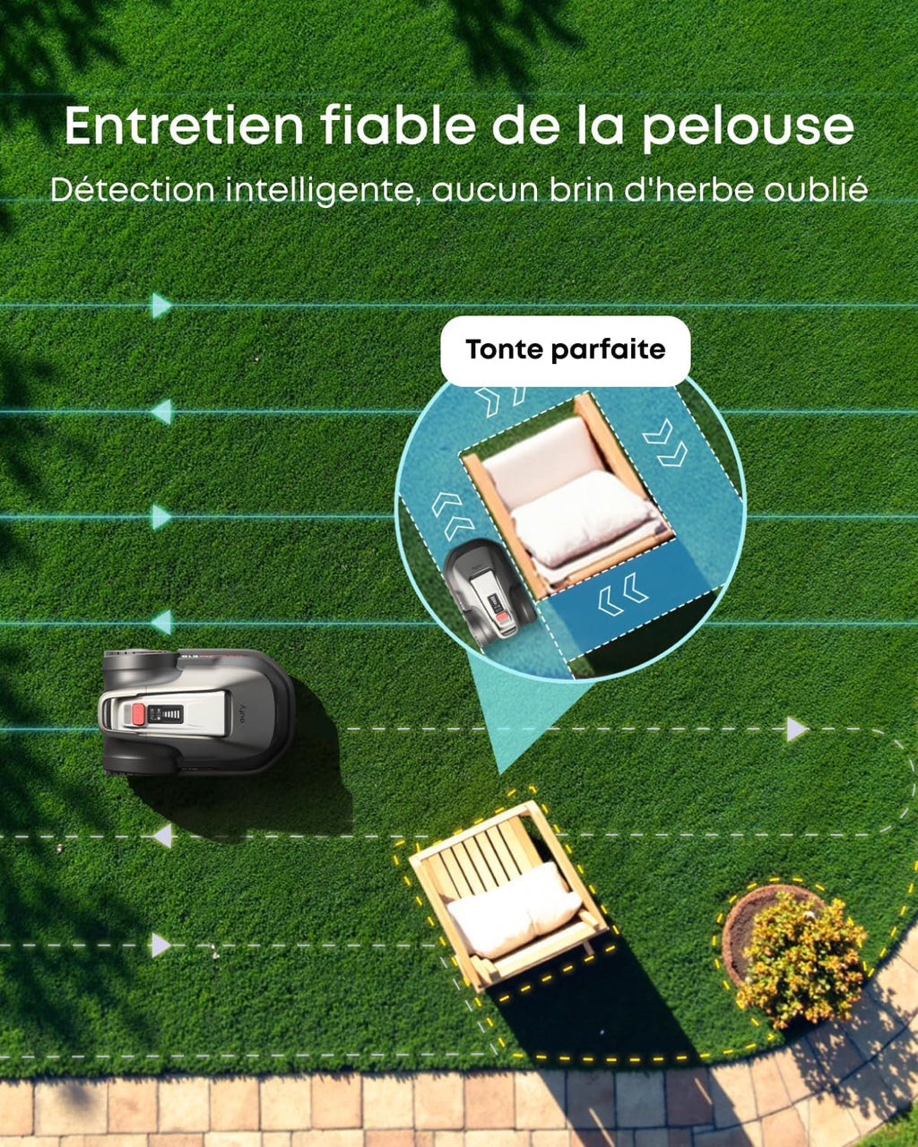 eufy E15 Robot tondeuse sans câble périphérique, sans coupure de signal, sans RTK, technologie TrueVision, navigation intelligente, jardin jusqu'à 800 m², tonte précise