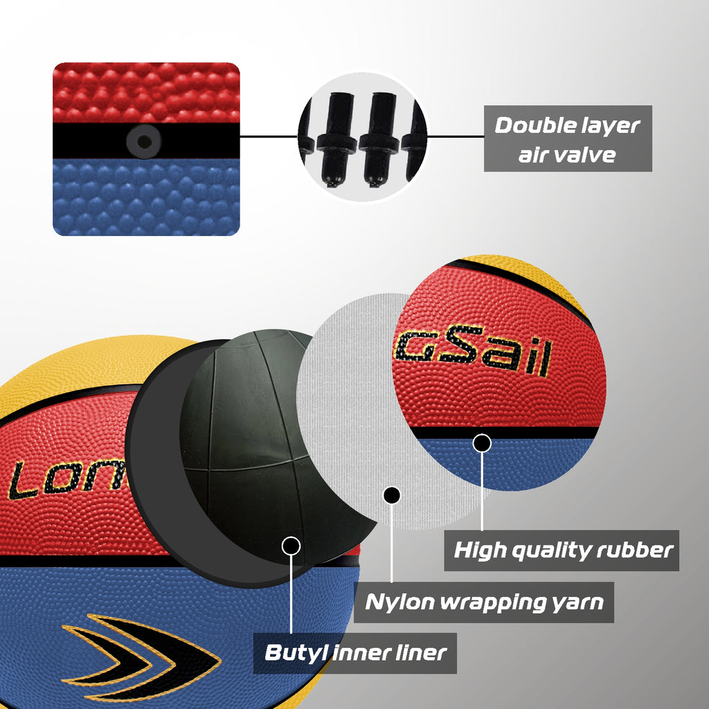 LONGSAIL Ballon de basketball en caoutchouc haute qualité (27,5 po) taille 5 rouge/jaune/bleu