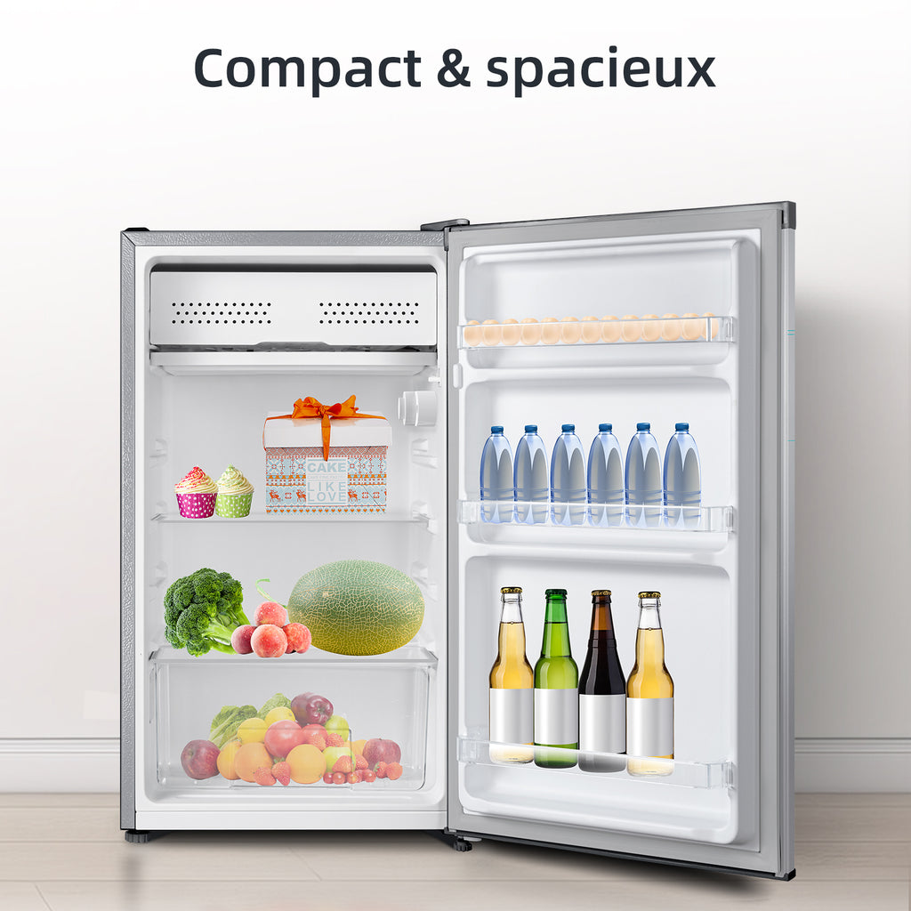 CHiQ JR99DWE Réfrigérateur 92 L avec compartiment congélateur, design compact de 0,22 m², silencieux, classe énergétique E - Argent
