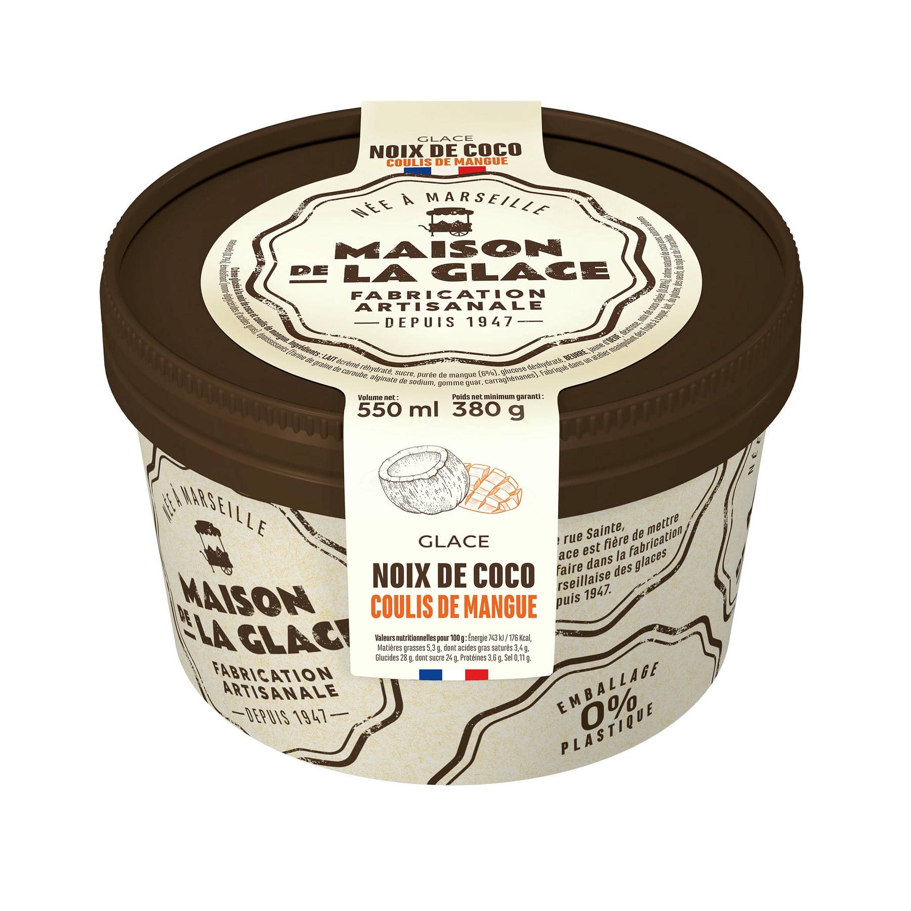 MAISON DE LA GLACE Pot de glace Noix De Coco Coulis Mangue 380g