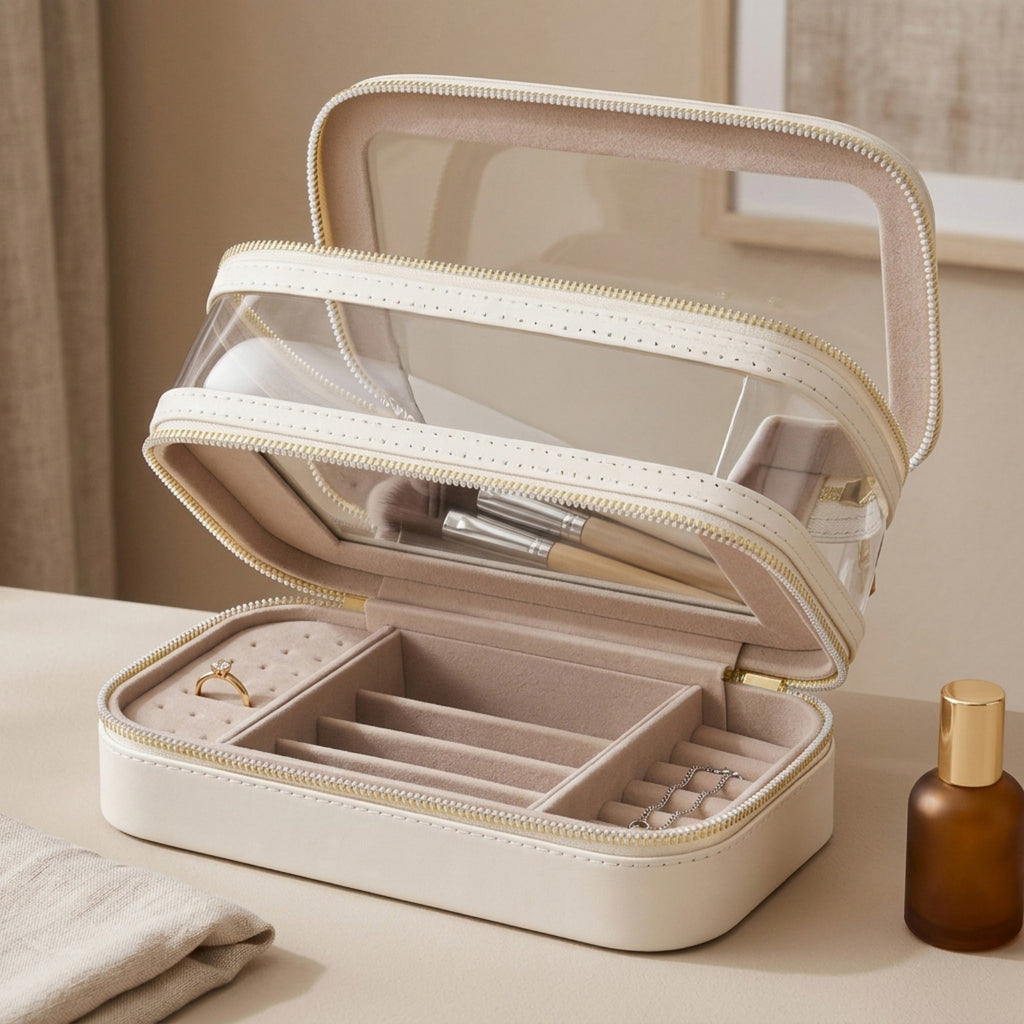 JOYFURNOS Organisateur de Cosmétiques avec Miroir, Mallette de Maquillage de Voyage, Rangement pour Bijoux, Trousse de Pinceaux Portable, Cadeau pour Femme, Blanc