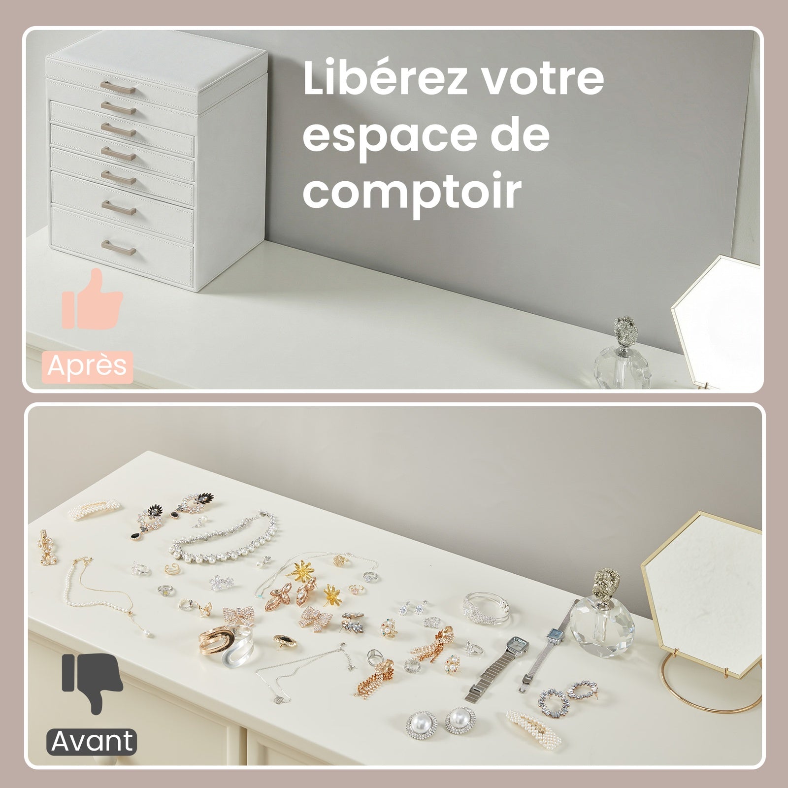 JOYFURNOS Boîte à Bijoux 6 Niveaux, Écrin à Accessoires, avec Grand Miroir, 5 Tiroirs, Rangement pour Bijoux, Moderne, Blanc