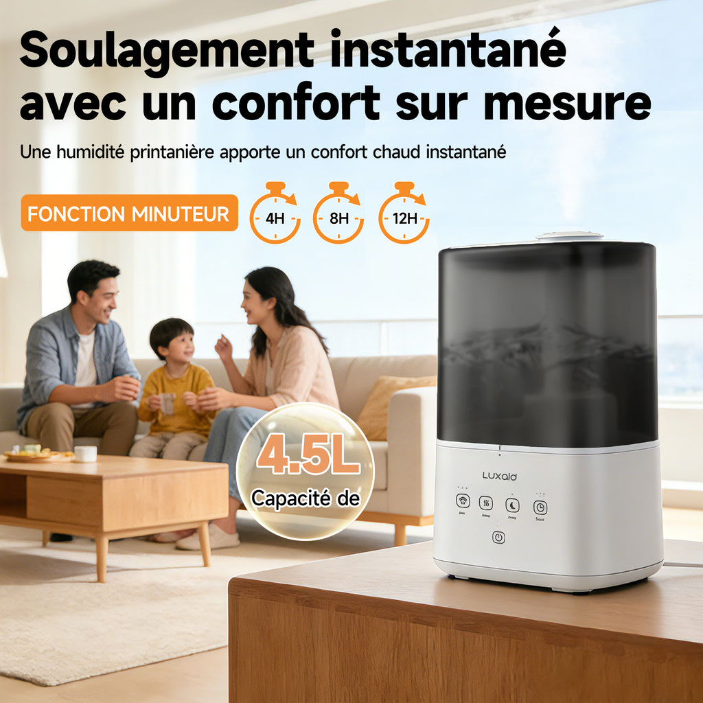 Luxaid Humidificateur Brume Froide/Chaude 4,5L, Jusqu'à 47m², Remplissage Par Le Haut, Commande Tactile, Minuterie 4/8/12h, Mode Silencieux 20dB, Buse 360°, Fonction Aromathérapie pour Chambre