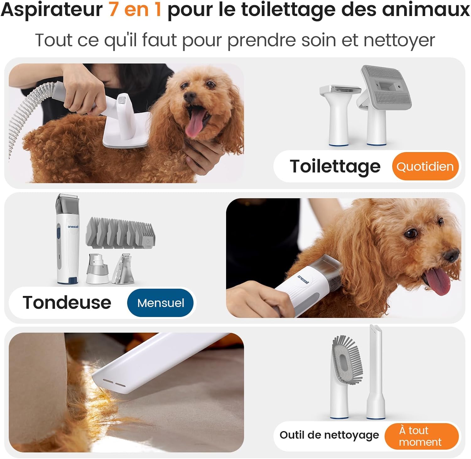 Oneisall Tondeuse pour chien avec aspirateur et brosse | Aspirateur pour poils, puissance d'aspiration super 12000 Pa, aspire 99,99 % des poils d'animaux, 7 accessoires de soin, 1,5 L