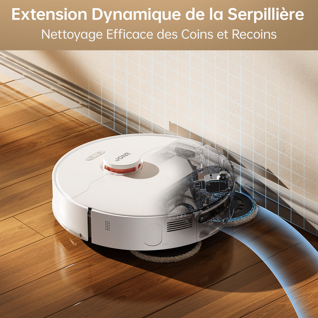 Robot Aspirateur Laveur JONR T5 Pro, Puissance d'Aspiration 8150 Pa, Séchage à l'Air Chaud, Brosse Latérale Anti-Emmêlement, Reconnaissance des Obstacles, Navigation Laser, Station de Base Tout-en-Un