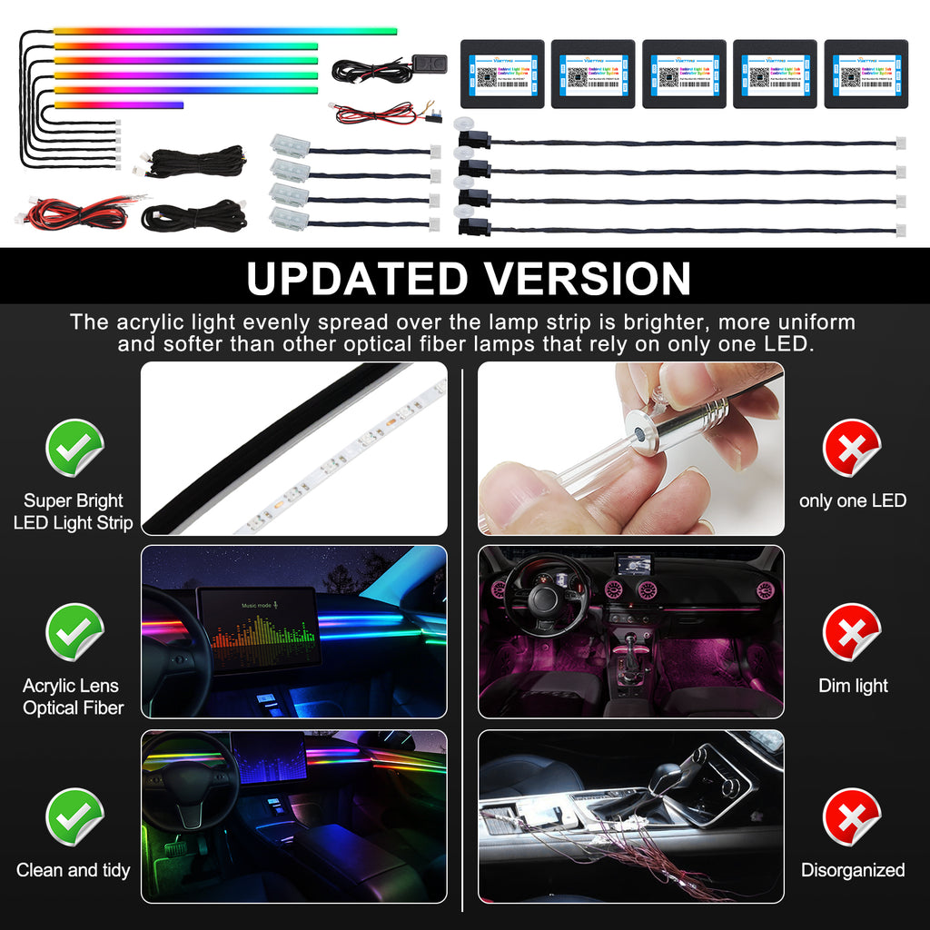 VGETTING Dreamcolor Ruban lumineux LED en acrylique pour intérieur de voiture avec application sans fil, RVB 14-en-1, 175 po, 600 LED