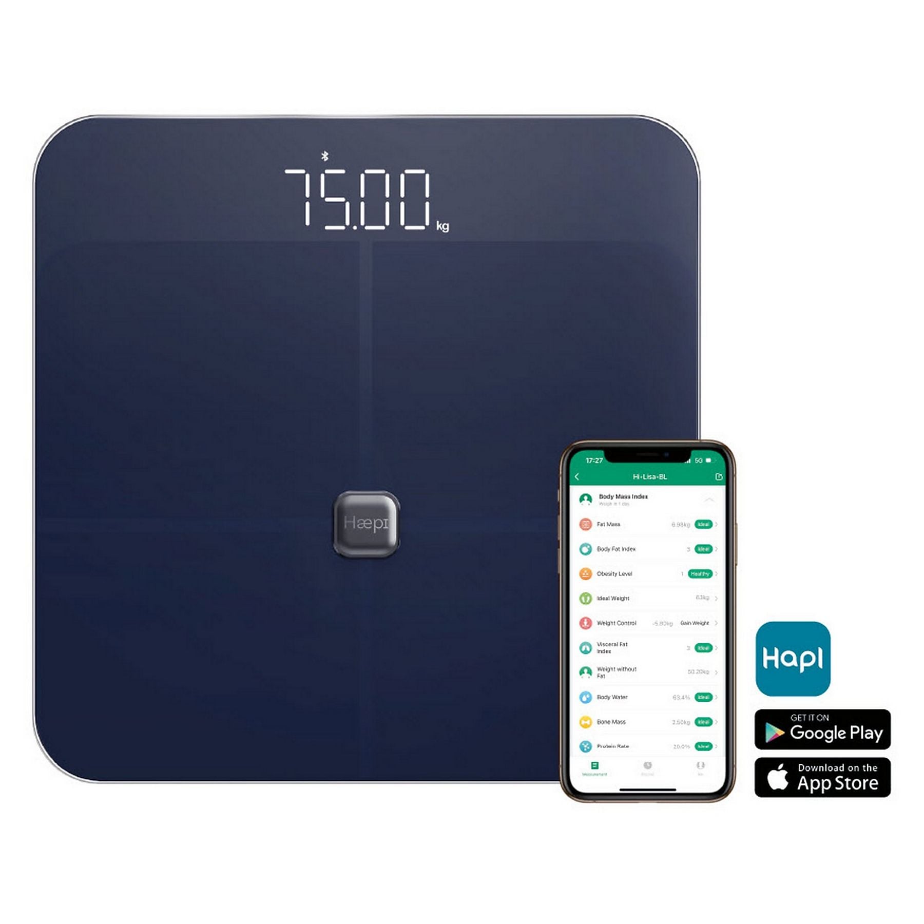 Haepi Lisa Pèse-personne connecté Bluetooth Analyse de 15 données corporelles IMC graisse os muscle eau via application Piles incluses Garantie 15 ans