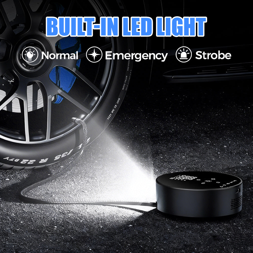 Gonfleur de pneus de voiture sans fil double alimentation 4500 mAh – Compresseur d'air portable avec haut-parleur Bluetooth, batterie externe et lampe LED