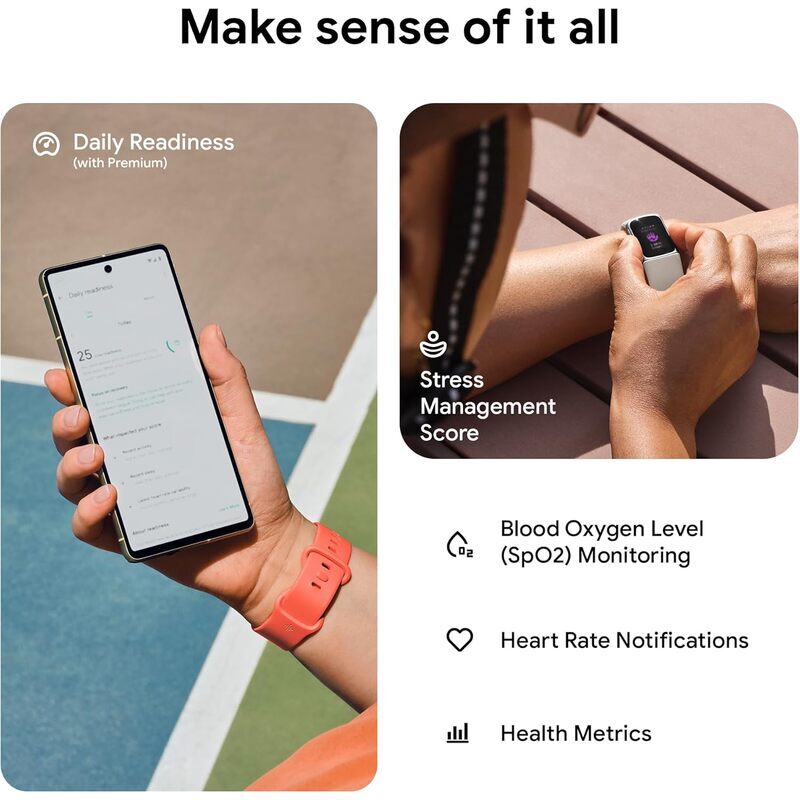 Google Fitbit Charge 6 Tracker d'Activité Inclus un Abonnement Premium de 6 Mois, Autonomie de 7 Jours, Google Wallet et Maps Corail / Or Champagne