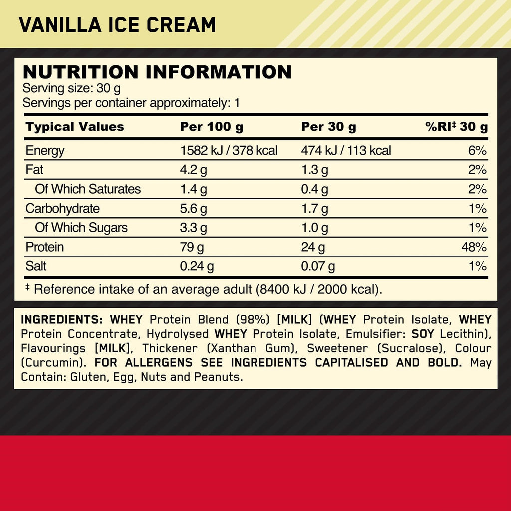 OPTIMUM NUTRITION Gold Standard 100% Whey Poudre protéinée saveur glace à la vanille - 24 x 31 g