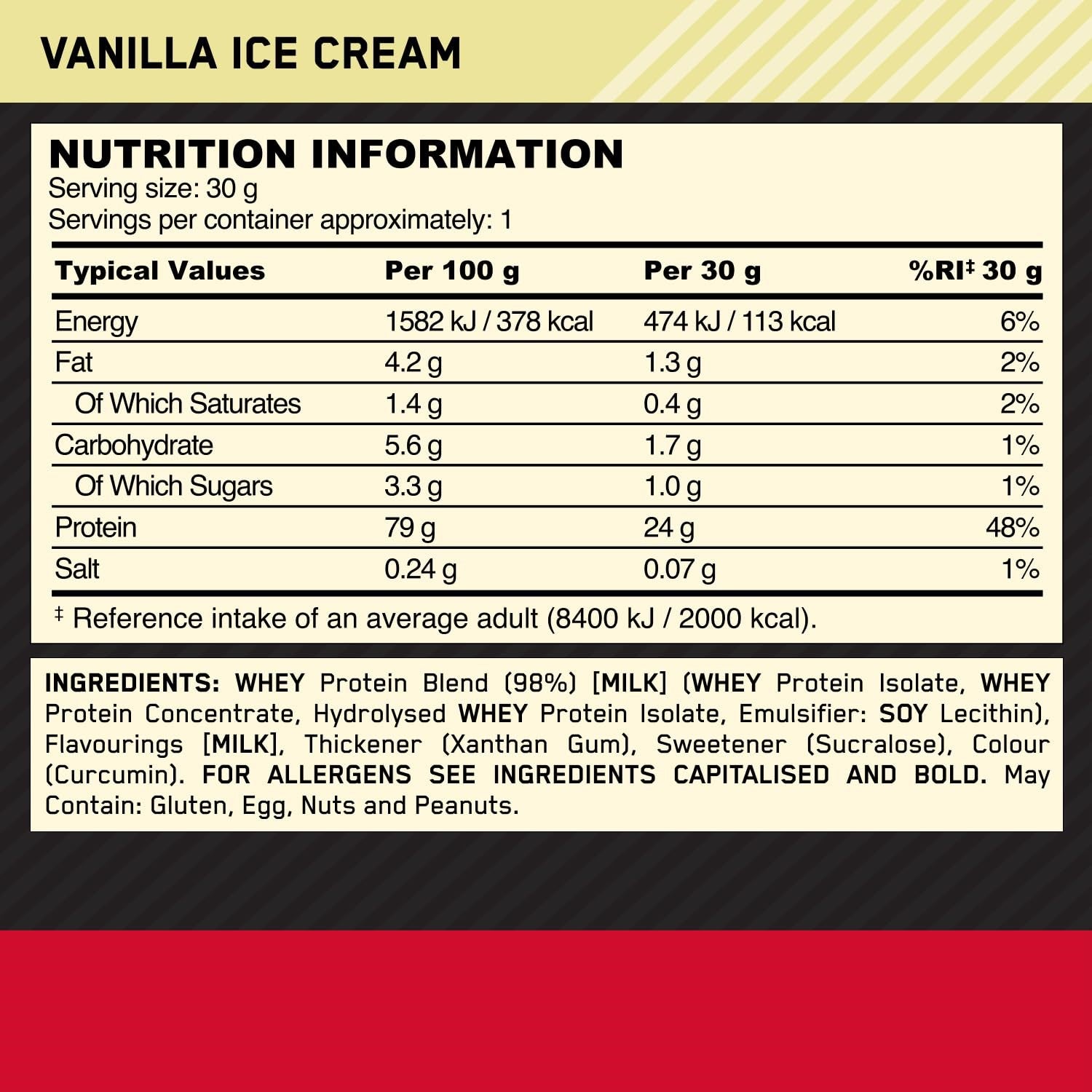 OPTIMUM NUTRITION Gold Standard 100% Whey Poudre protéinée saveur glace à la vanille - 24 x 31 g