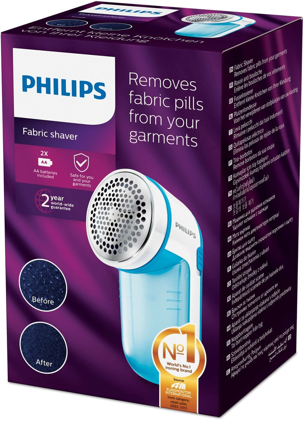 Philips GC026/00 Rasoir anti-bouloches pour vêtements - 2 vitesses élevées, Fonctionne sur piles, Bleu