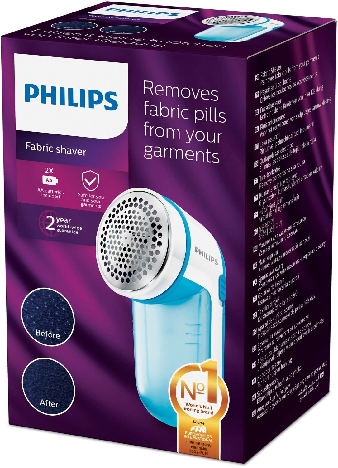 Philips GC026/00 Rasoir anti-bouloches pour vêtements - 2 vitesses élevées, Fonctionne sur piles, Bleu