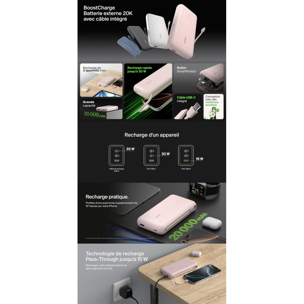Belkin Batterie externe BOOST CHARGE compatible Power Delivery 20 000 mAh, rose
