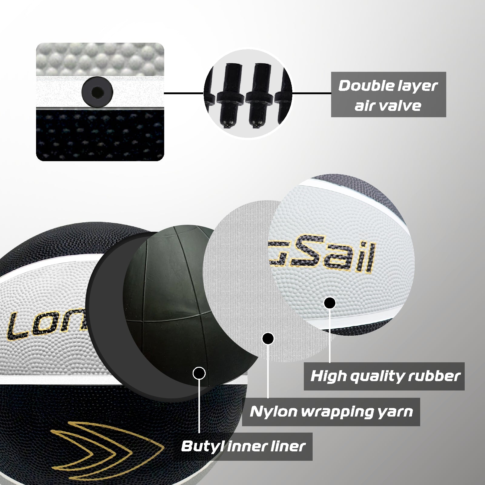 LONGSAIL Ballon de basket-ball en caoutchouc de haute qualité (27,5") Taille 5 Noir/Gris