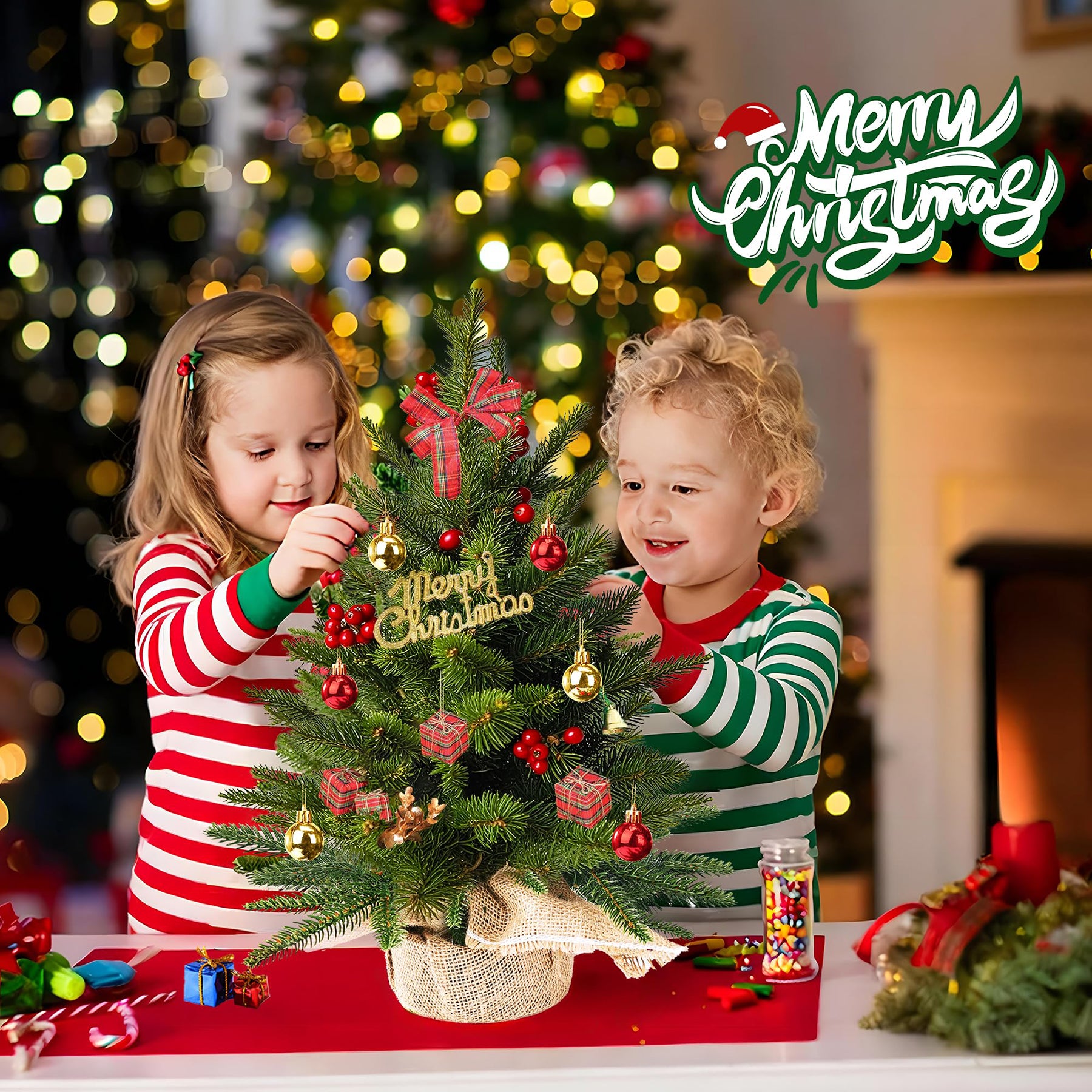 1 pièce Mini sapin de Noël 23,6 pouces/60 cm, sapin de Noël artificiel pour l'intérieur, petit sapin de table décoré avec des baies rouges et des boules de Noël