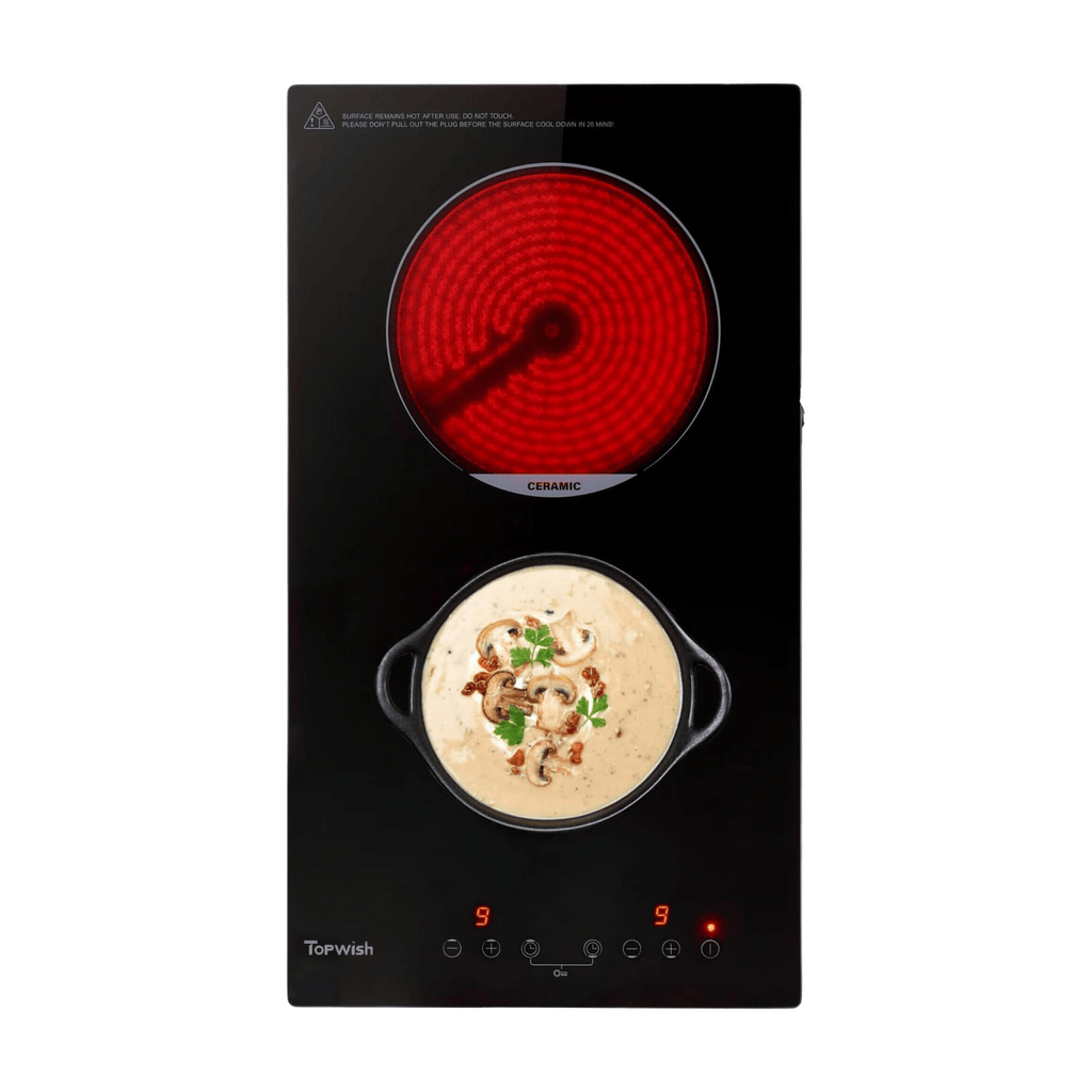 TOPWISH Plaque vitrocéramique 2 foyers, Table de cuisson électrique encastrable, Commande tactile, Sécurité enfant, Indicateur de chaleur résiduelle, 3000 W, 29 cm
