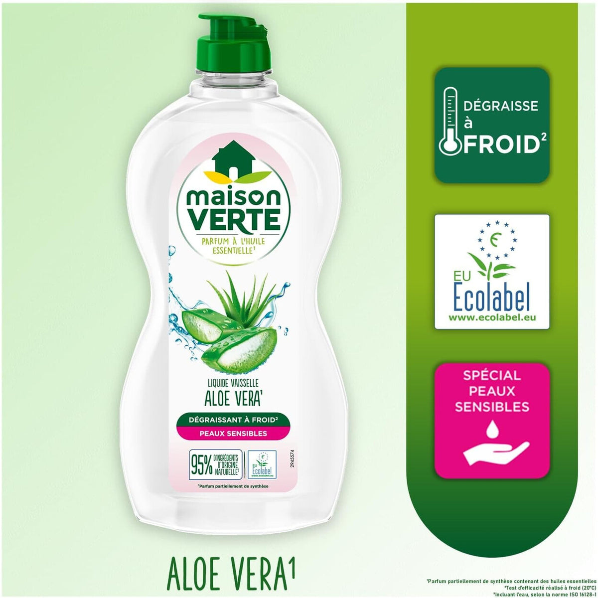 Maison Verte Liquide Vaisselle, Aloe Vera & Huiles Essentielles Biologiques, Dégraissage à Froid, 2 x 500 ml (= 1 L)