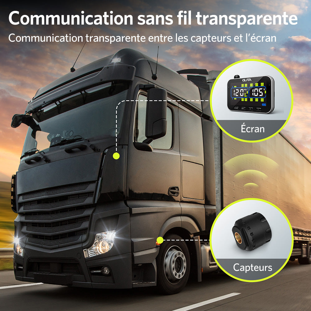 GUTA Système de surveillance de la pression des pneus pour camping-car/remorque avec 6 capteurs, surveillance en temps réel de 0 à 188 PSI, 6 alarmes, écran couleur LCD, répéteur