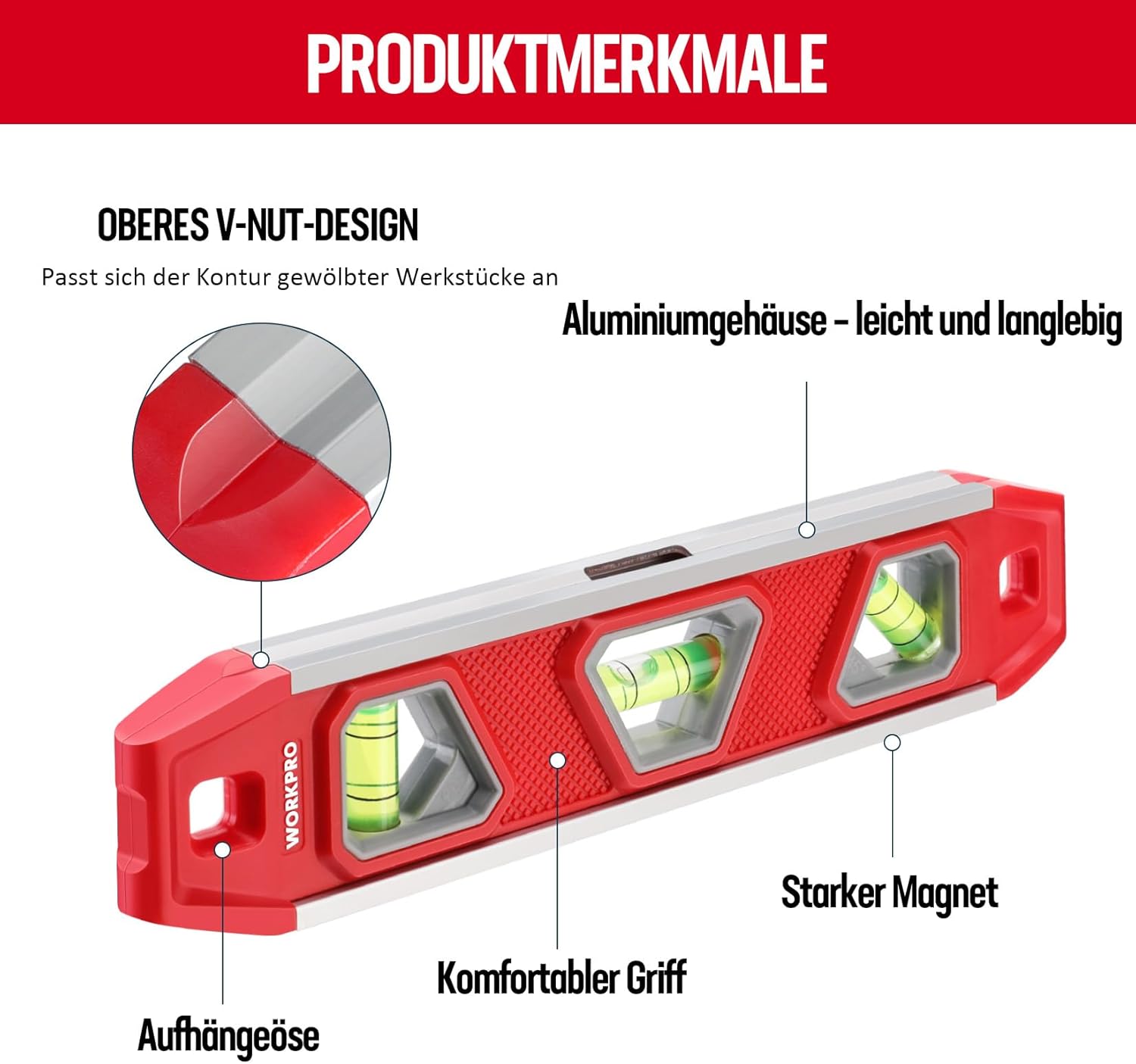 WORKPRO Niveau à bulle magnétique mini torpédo avec 3 niveaux 45°/90°/180° - 23 cm
