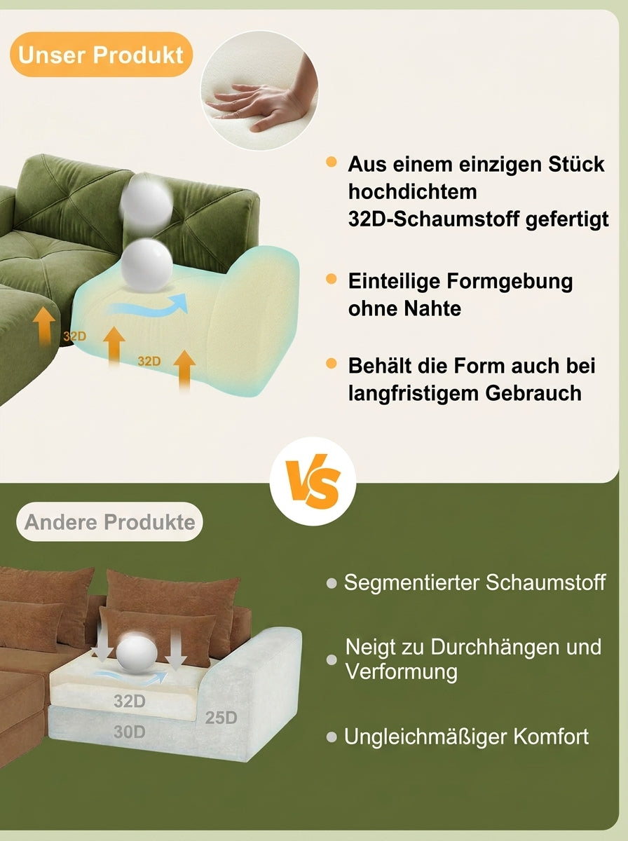 URBAN MEUBLE Canapé double modulable sans cadre — 204x95x76 cm — Tissu Chenille vert — Mousse haute densité