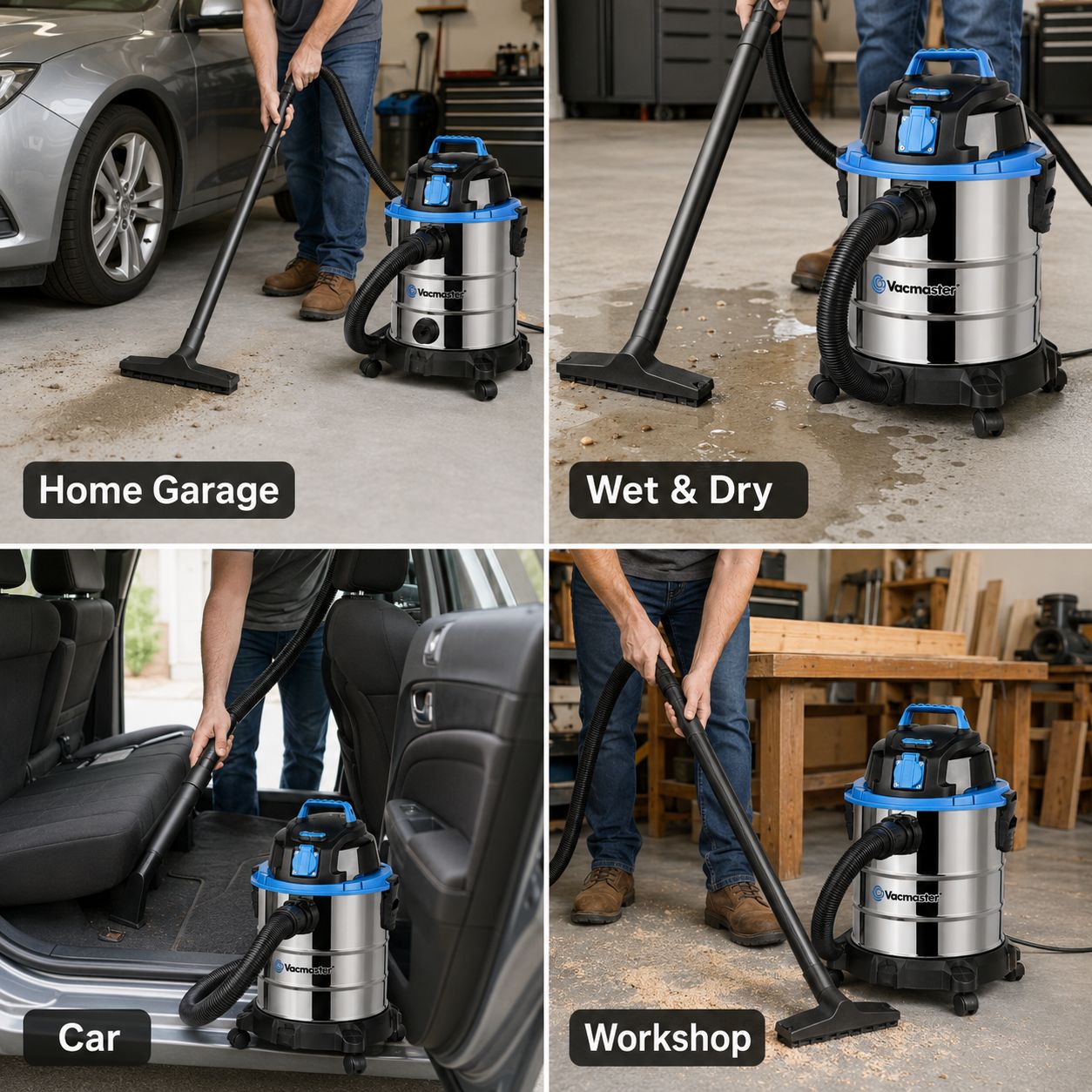 Vacmaster VQ1220SC Aspirateur Eau et Poussière 20 L, Moteur 1250 W, Aspiration 20 kPa, Prise pour Outils Électriques 2430 W, Fonction Soufflerie et Cuve Inox, pour Maison, Garage et Atelier
