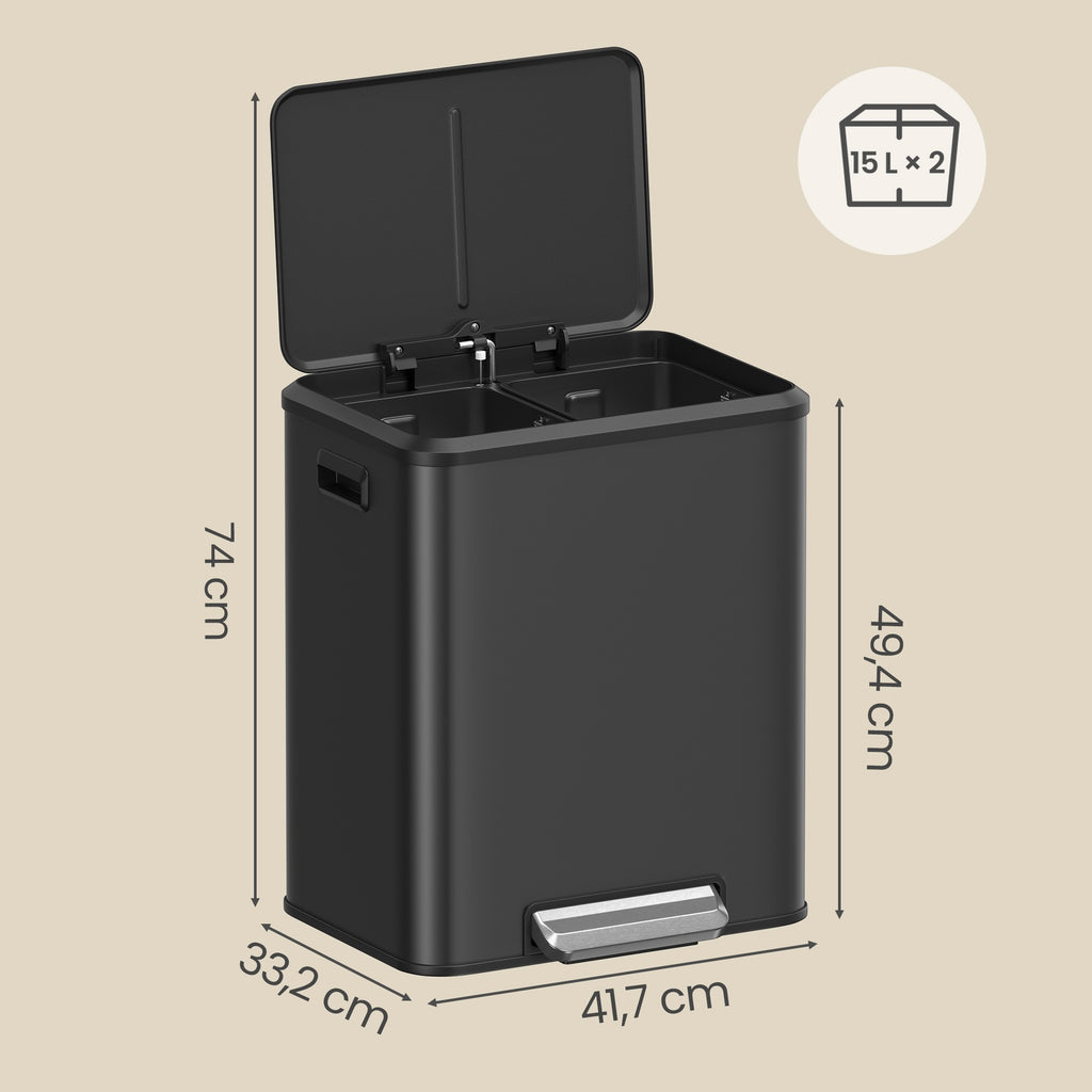JOYFURNOS Poubelle de cuisine à 2 compartiments avec couvercle à fermeture douce, poubelle de recyclage en acier avec seaux intérieurs et pédale large, noir