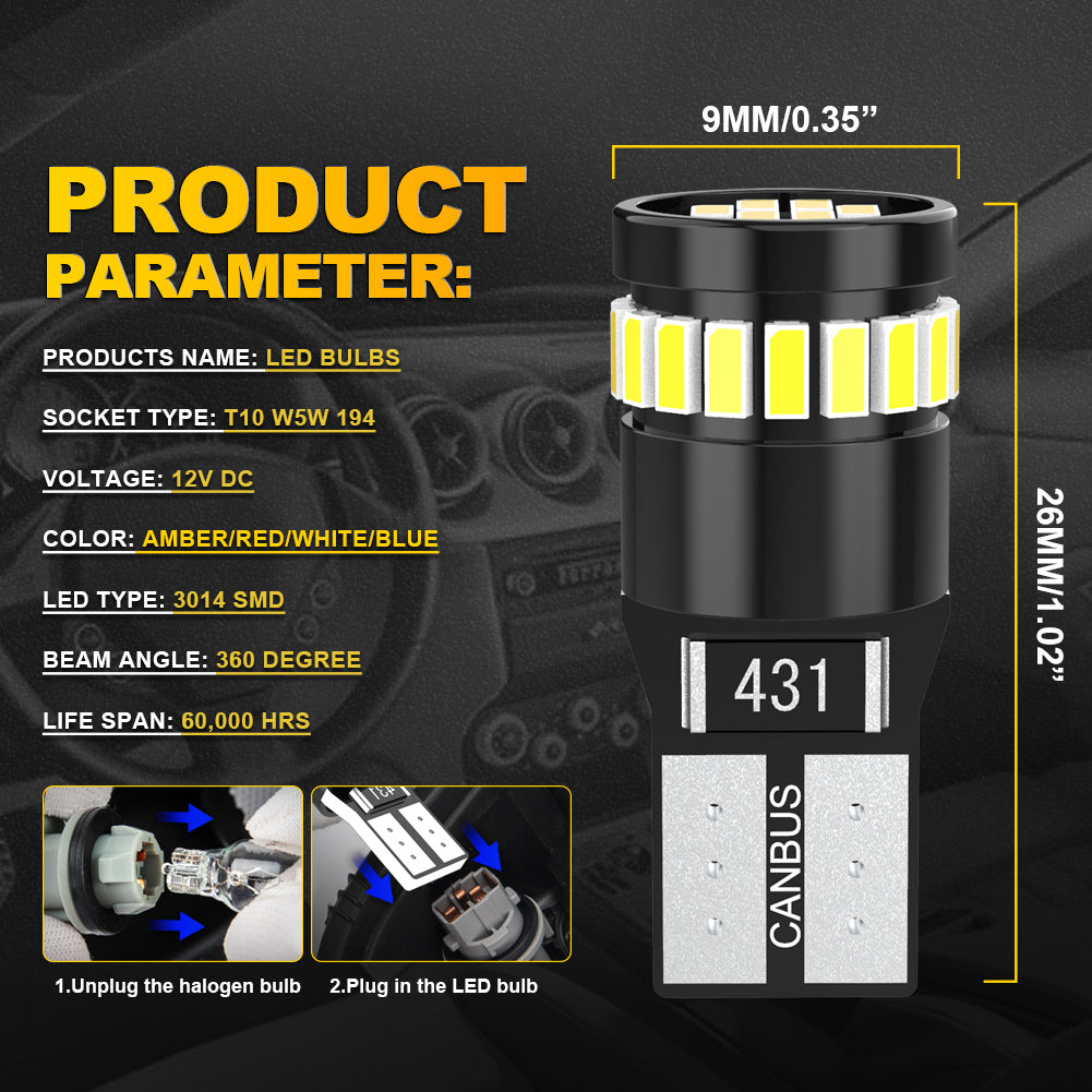 KATUR 194 ampoules LED 6000 K (blanc), 168, 2825, W5W, T10, à montage décalé, 24-SMD, 3014, anti-coupure, compatibilité CANBUS, pour plaque d’immatriculation (4 pièces, blanc)