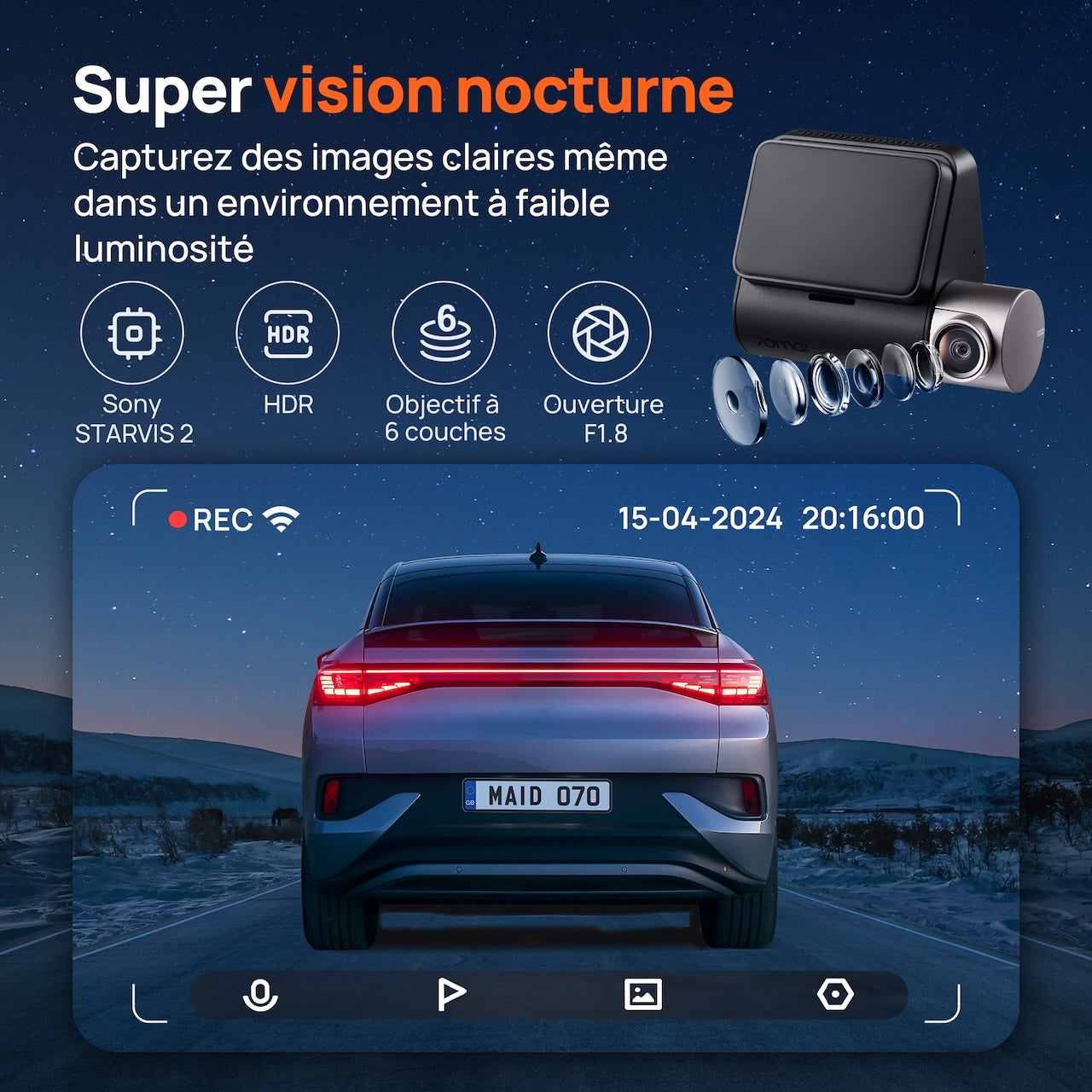 Caméra de voiture 70mai 2.7K Avant et Arrière A510-1, Dashcam Double 1944P+1080P avec Sony STARVIS 2, Vision Nocturne HDR, Caméra Intelligente avec GPS Intégré, 4G LTE, ADAS