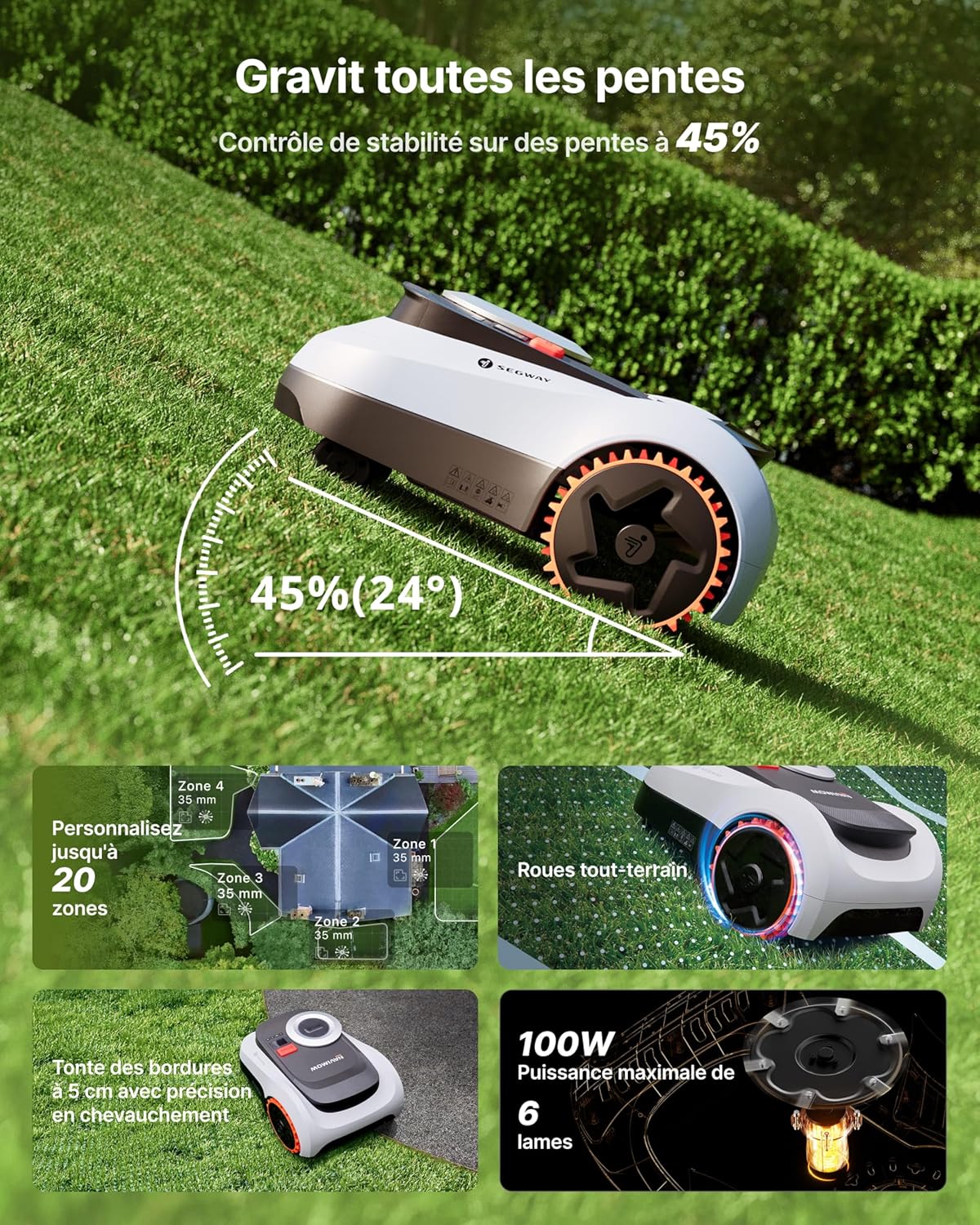 Segway Navimow i215 LiDAR Robot tondeuse pour 1500m² avec Garage M, pentes de 45%, LiDAR à semi-conducteurs et Vision, cartographie automatique, sans fil, sans antenne