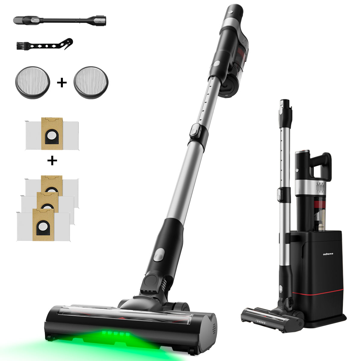 ochama Aspirateur Balai sans Fil, 350 W, Aspiration Puissante 28 kPa, Station d’Auto-Nettoyage, 35 min d’Autonomie, Inclinaison à 180°, Éclairage LED Vert, Filtration à 5 Couches, pour Poils d’Animaux, Tapis et Sols Durs